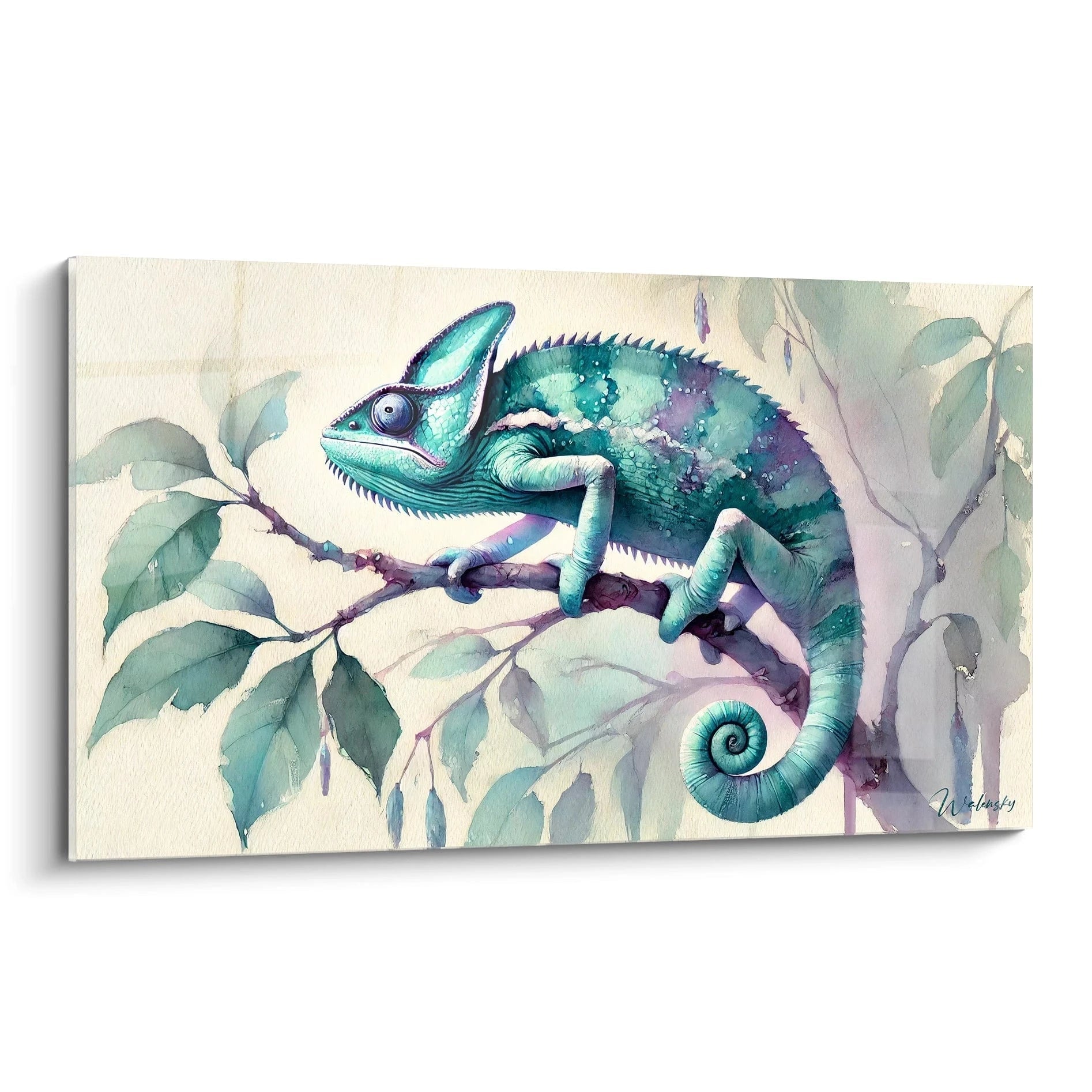 tableau caméléon vue de biais met en valeur les détails subtils du caméléon et des feuilles dans des teintes harmonieuses vert et bleu pour une ambiance sereine et apaisante
