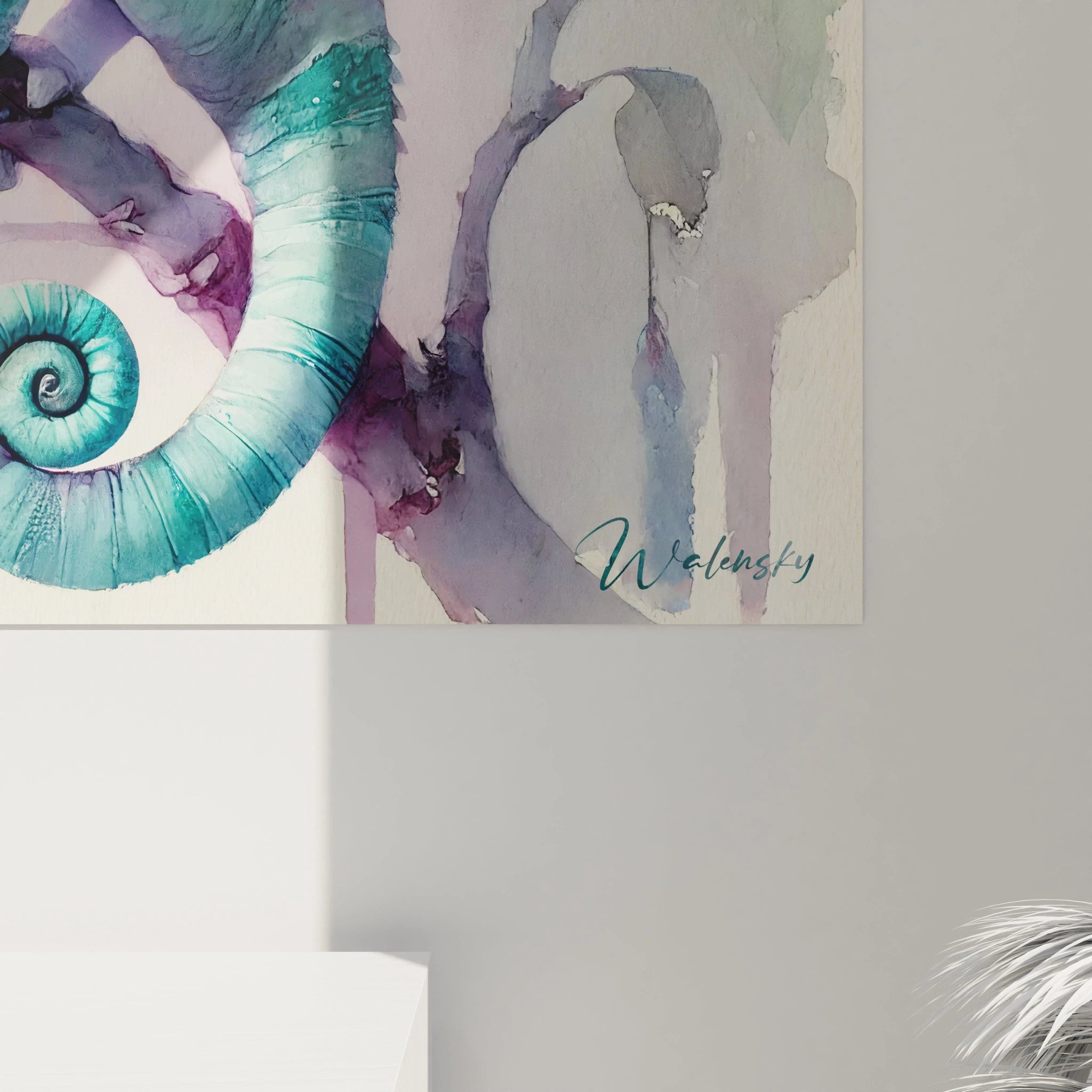 vue rapprochée tableau caméléon révèle la texture douce et les détails subtils des nuances de vert et bleu dans un style aquarelle élégant pour un effet réaliste