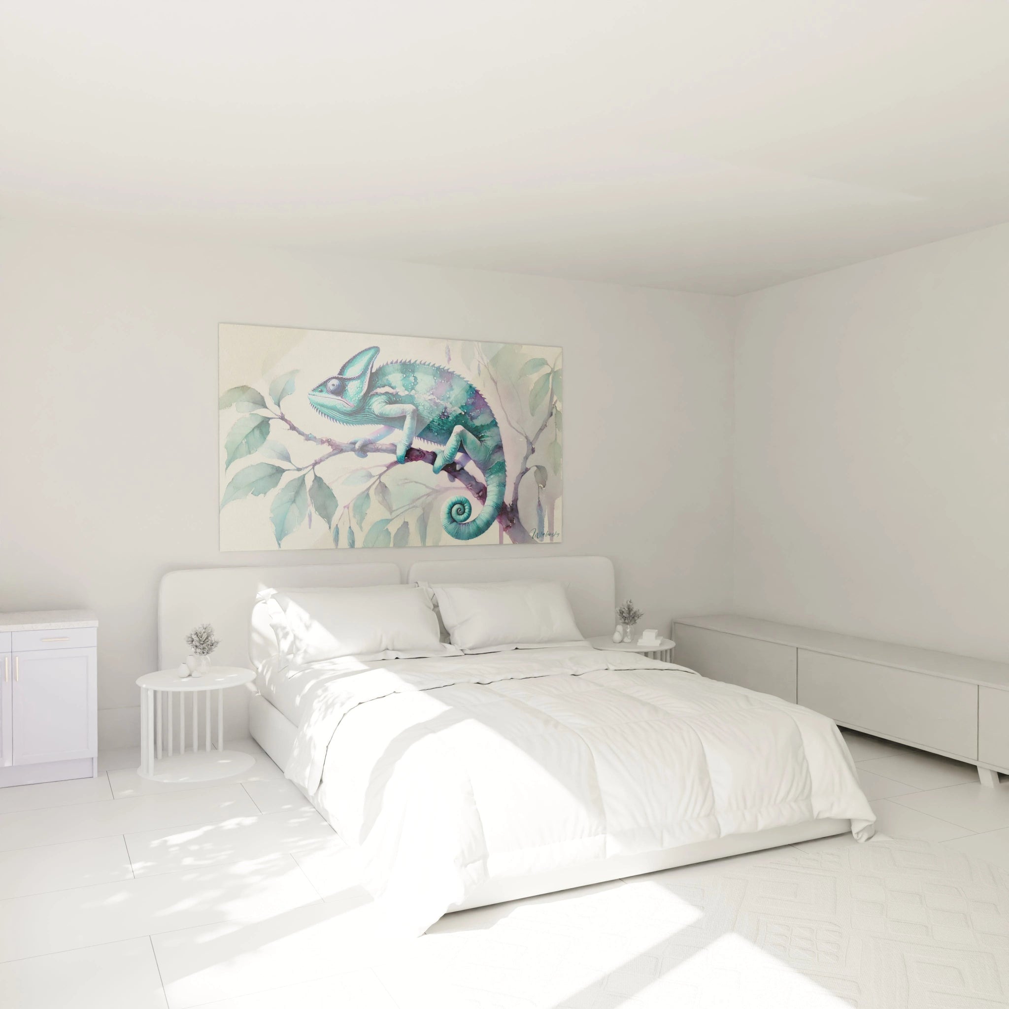 tableau caméléon au-dessus du lit apporte une touche de nature apaisante à la chambre avec ses nuances de vert et bleu inspirées de l’aquarelle et son style artistique délicat