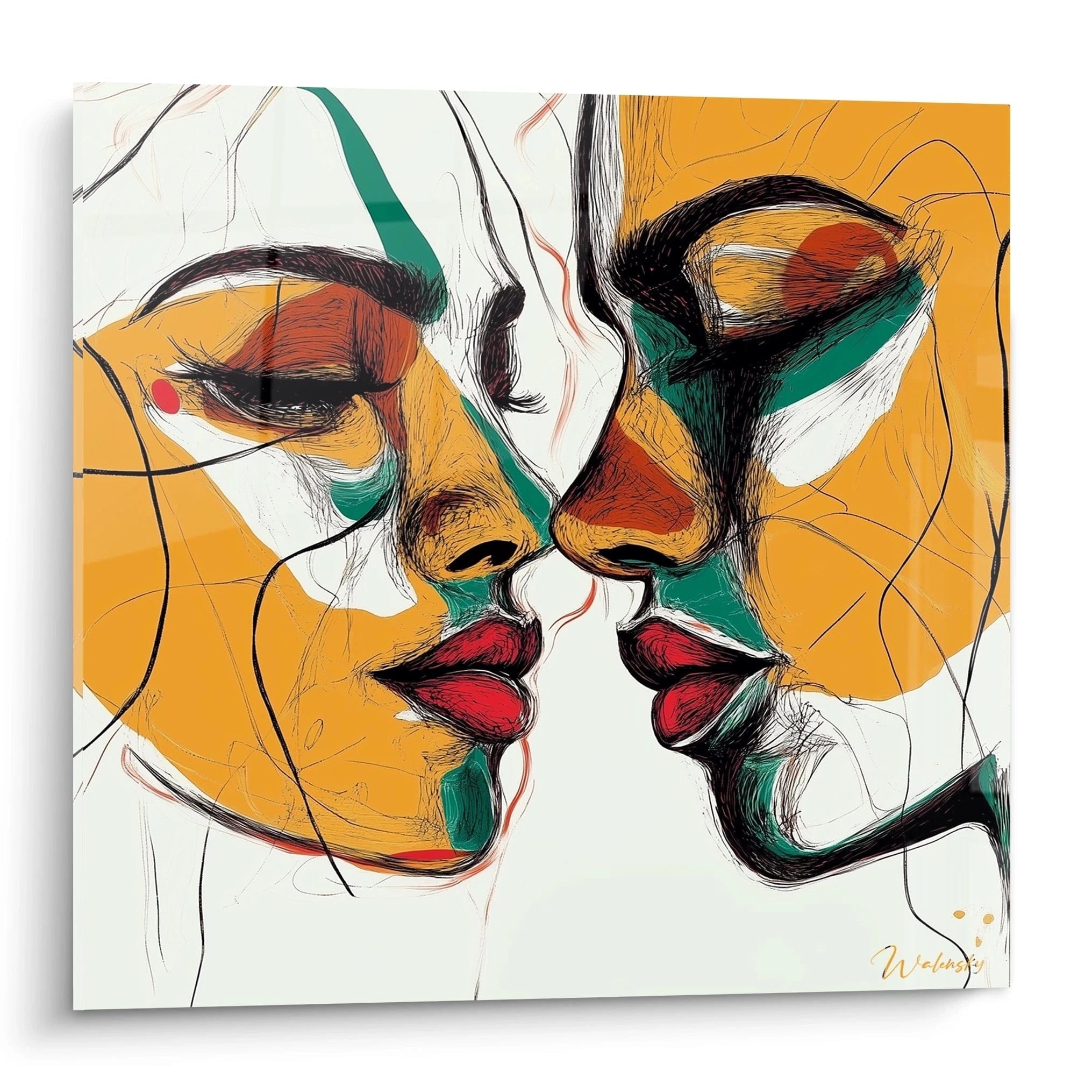 Un tableau visage abstrait présentant deux profils face à face, presque en contact. Des traits noirs expressifs définissent les contours sur un fond blanc, avec des zones orange vif, vert émeraude et des lèvres rouge écarlate créant un contraste saisissant.