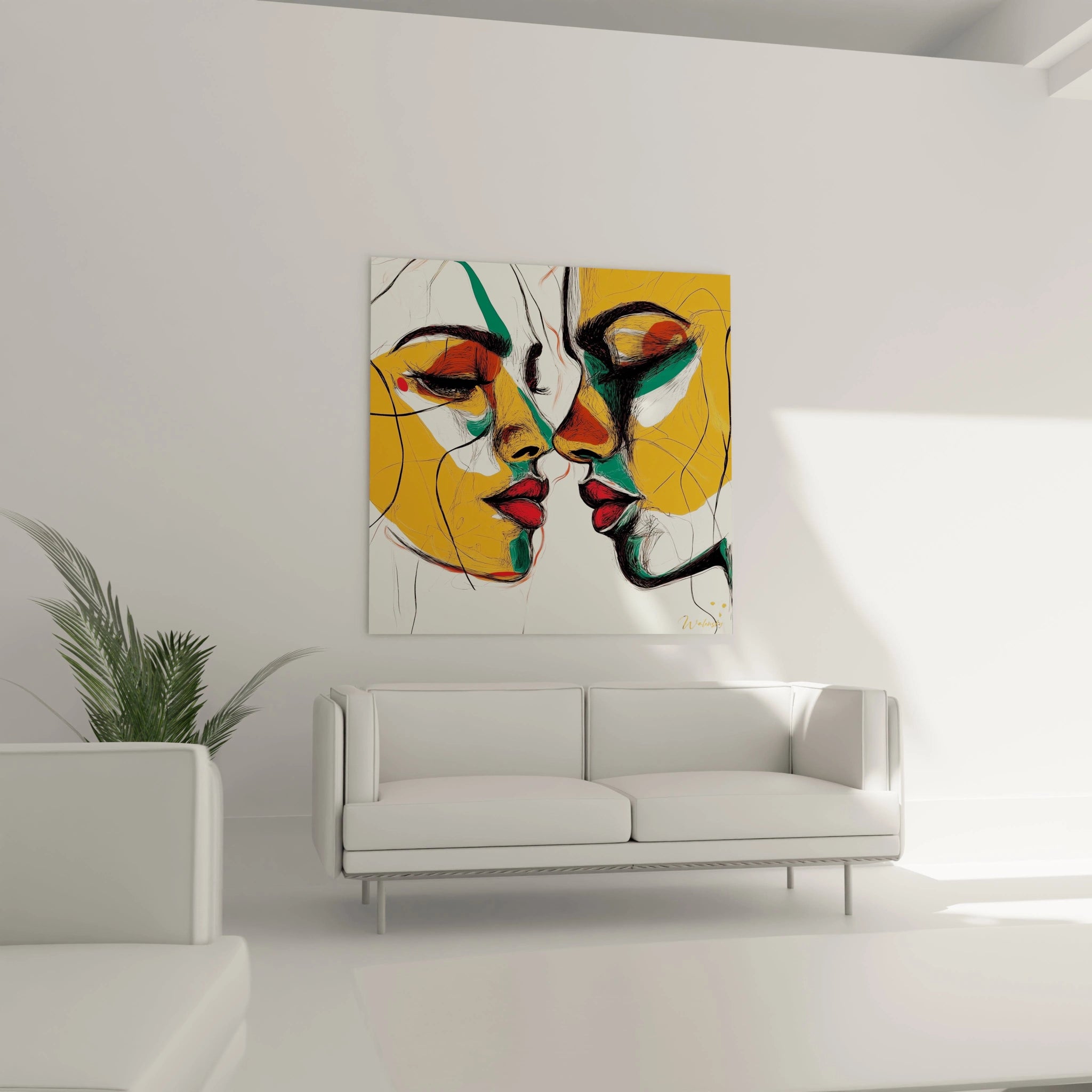 Un tableau visage abstrait montrant deux profils à la composition dynamique, où des traits noirs fluides dessinent les contours. La palette chromatique associe orange lumineux, vert émeraude et rouge intense pour les lèvres, créant une tension visuelle sur un fond blanc texturé.