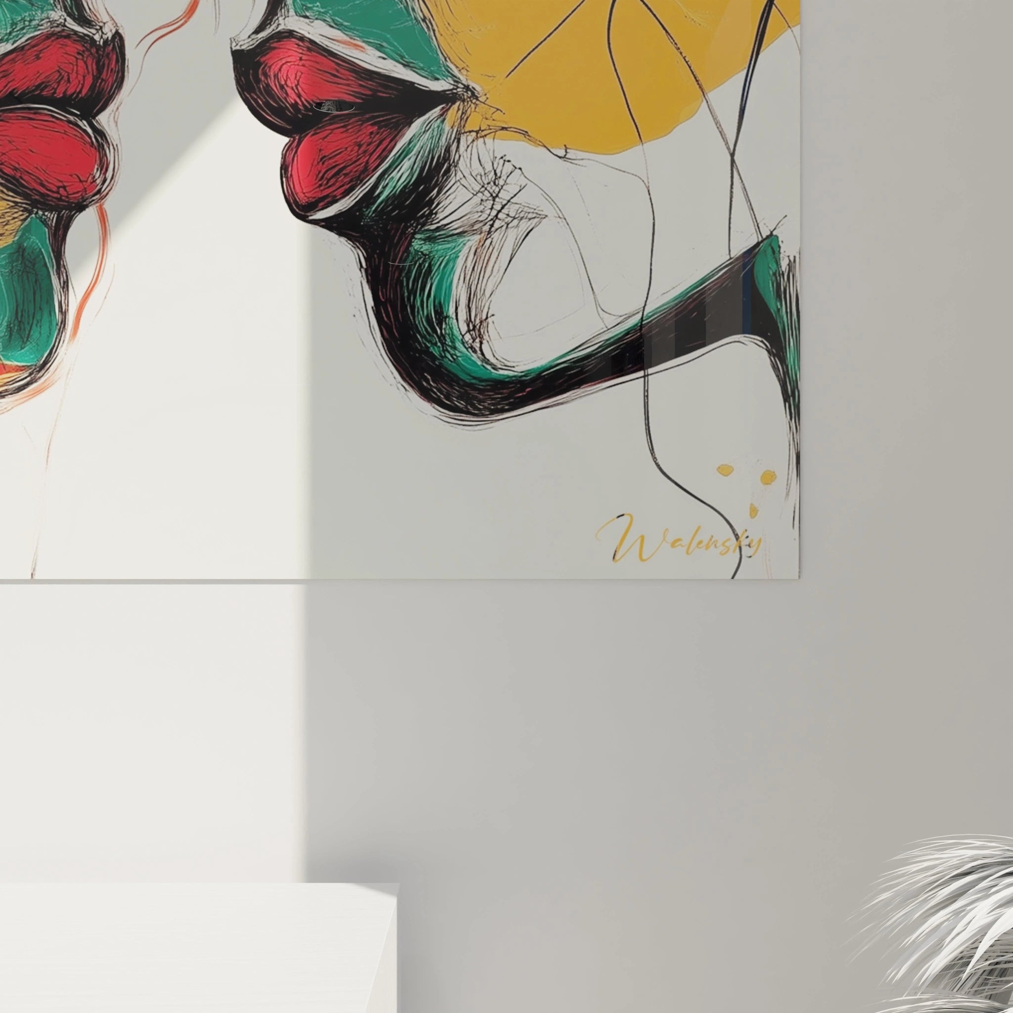 Un tableau visage abstrait expressionniste figurant deux visages qui se font face, délimités par des lignes noires énergiques. L'œuvre combine des plages d'orange doré, de vert profond et de rouge éclatant pour les lèvres, offrant un contraste saisissant sur un fond blanc minimaliste.