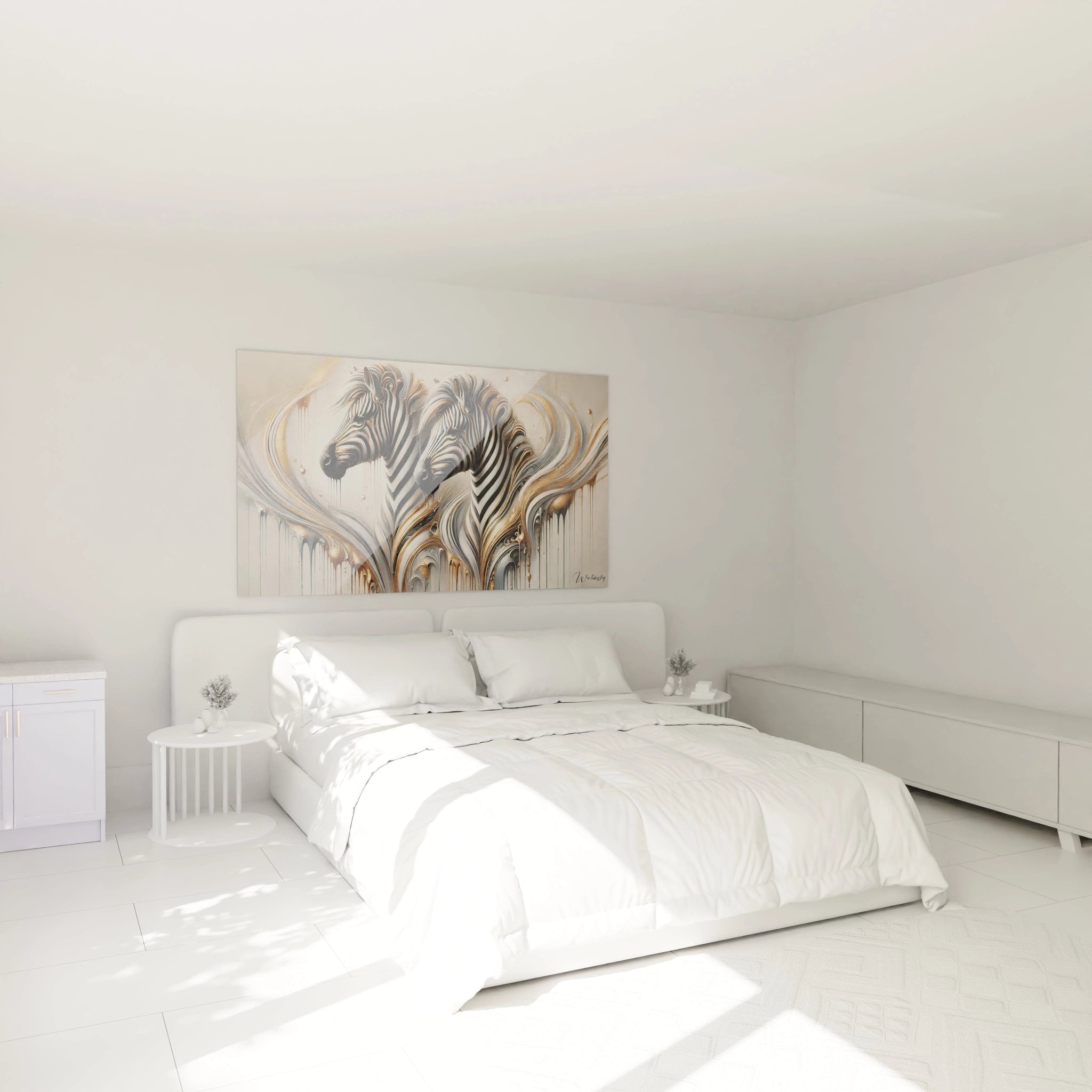 Dans cette chambre moderne, le tableau zebre accroche au-dessus du lit ajoute une touche de luxe et de dynamisme. Les courbes abstraites et les couleurs dorees enrichissent l'ambiance de la piece.