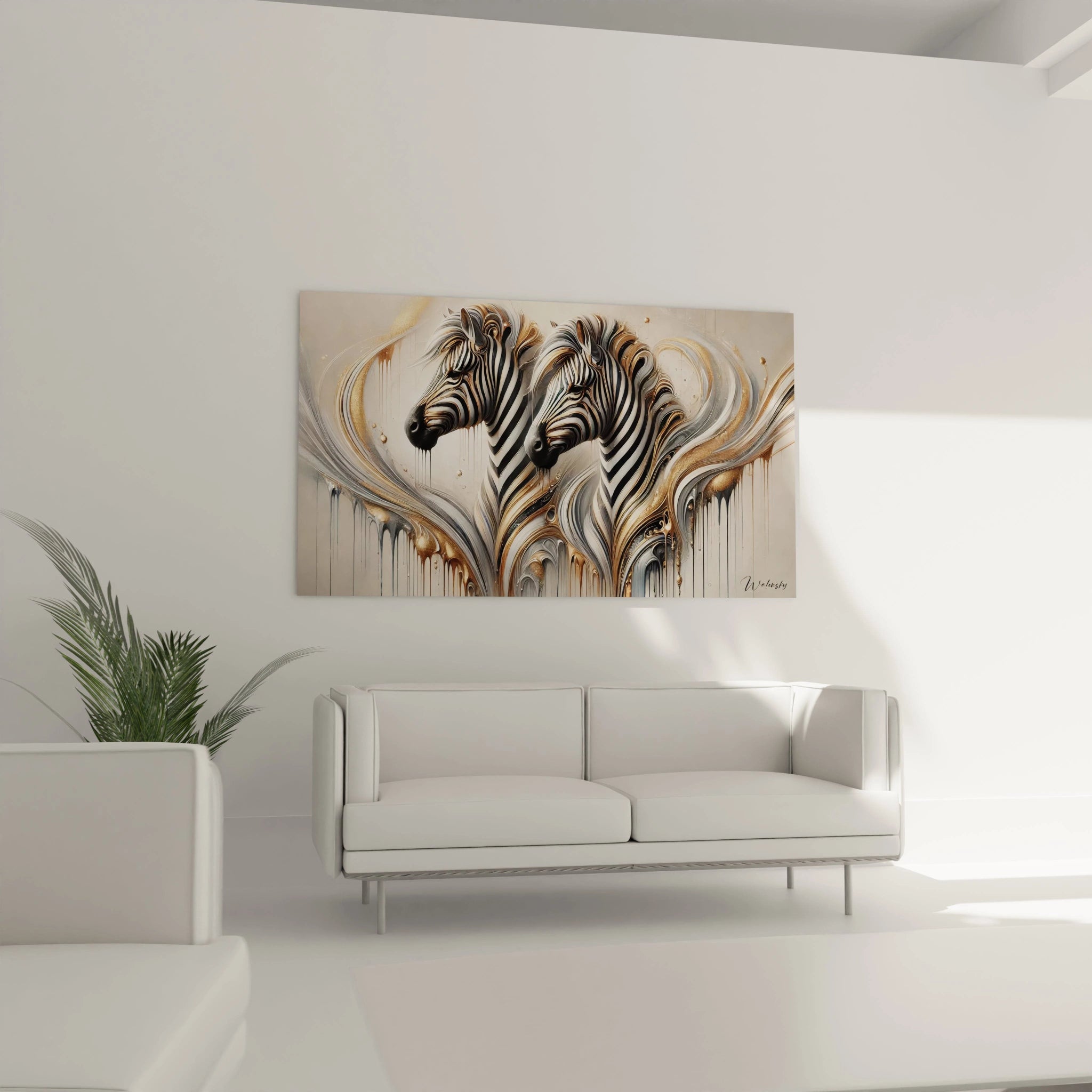 Le tableau zebre sublime ce salon avec ses couleurs elegantes et ses motifs liquides. Ses lignes fluides et metalliques s'integrent parfaitement au-dessus du canape, apportant modernite et profondeur.