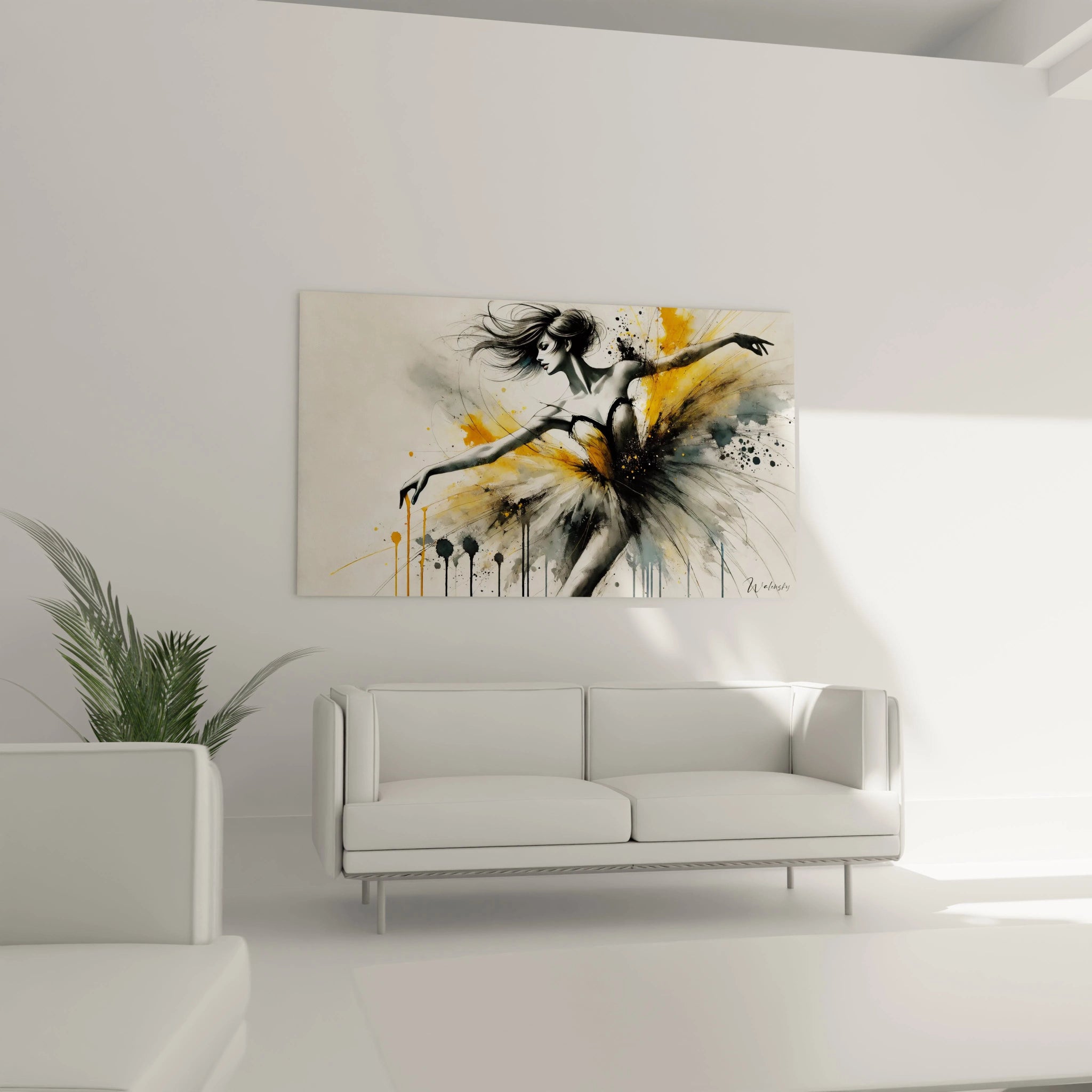 Un tableau danseuse abstrait mettant en scène une danseuse avec des éclats de jaune et noir, des traits fins et des projections de peinture sur un fond clair.