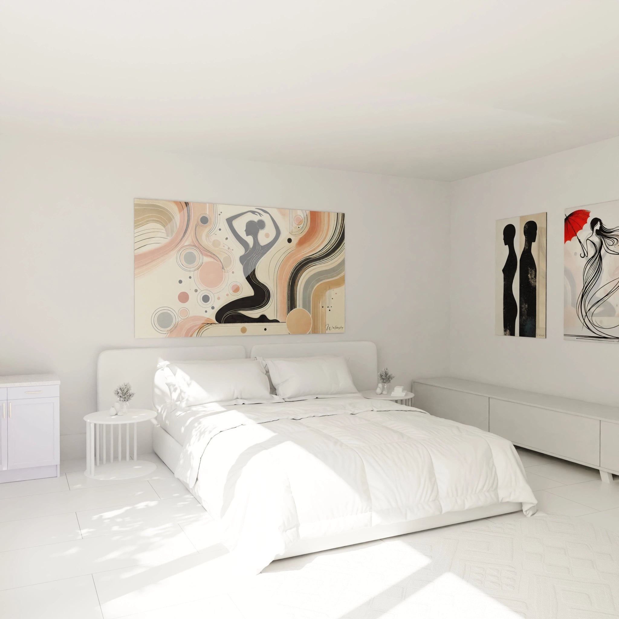 Tableau abstrait élégant représentant une silhouette féminine noire entourée de formes courbes. Accroché au-dessus d'un lit, il crée une ambiance douce et harmonieuse dans la chambre.