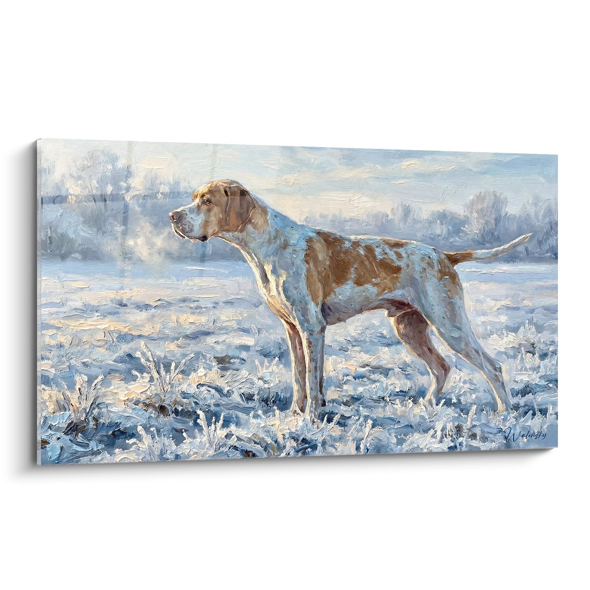 Tableau Pointer Anglais en arret dans paysage enneige tons bleus et ocres style impressionniste