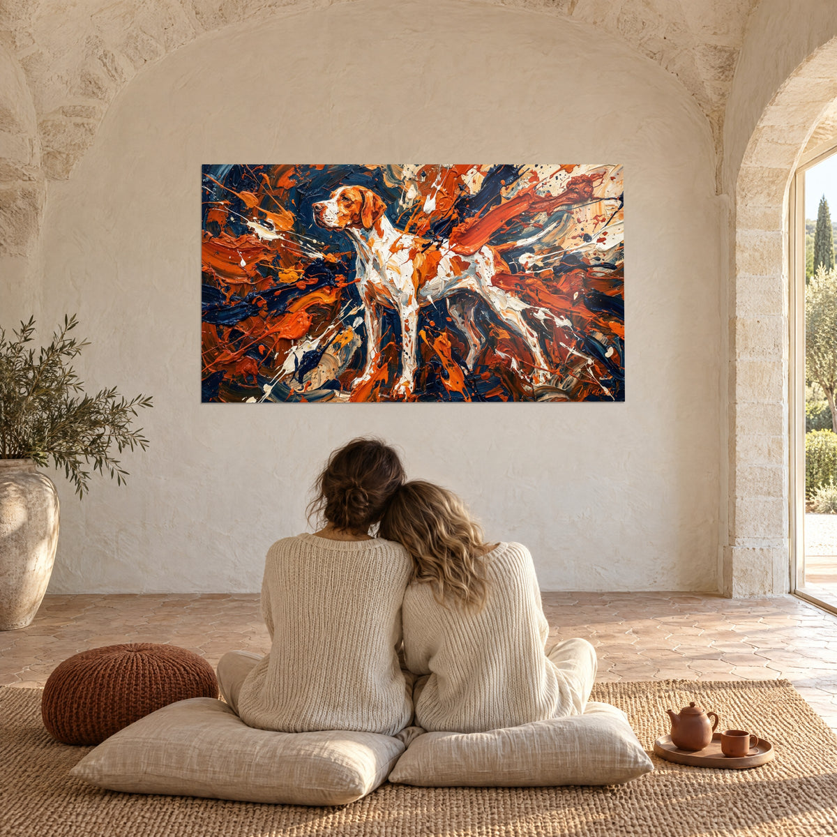 Cuadro pointer lleno de energía, pelaje blanco y naranja salpicado de azul noche, pareja abrazada de espaldas sobre cojines