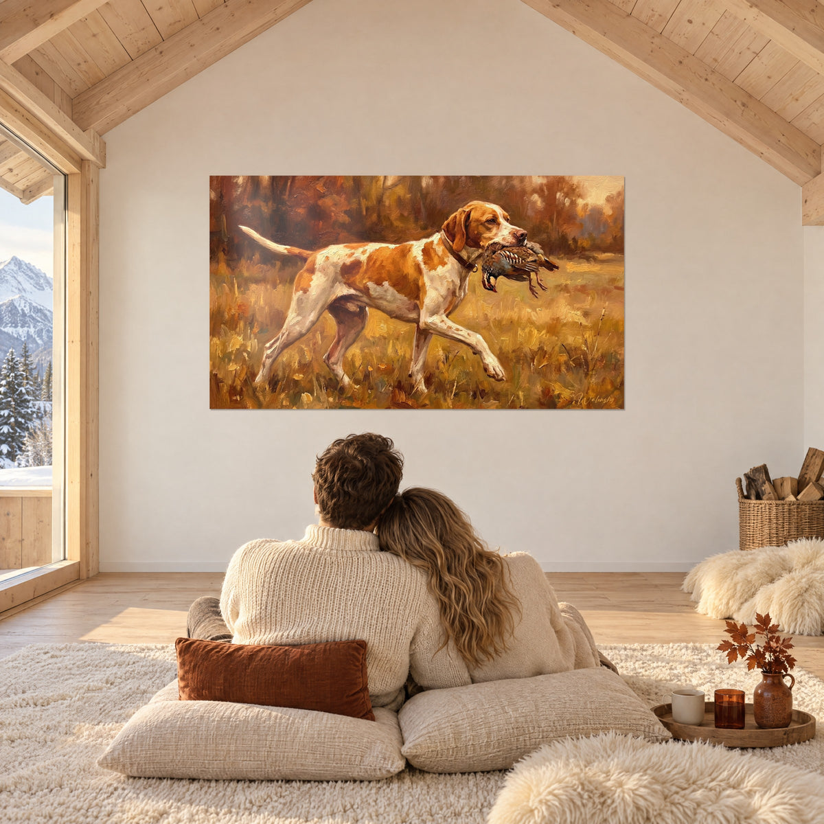 Wall art autumn hunting scene, rust-flecked dog and partridge, golden foliage, in front of a couple seen from behind on cushions