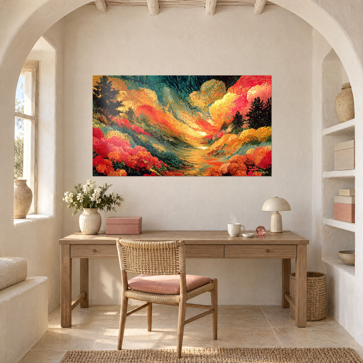 Cuadro atardecer en mosaico de puntos, naranja quemado y turquesa, colgado sobre un escritorio de madera clara