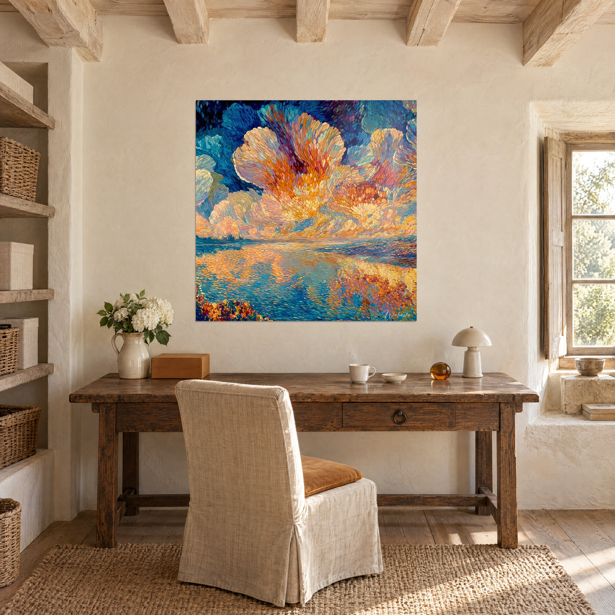 Πίνακας αντανακλάσεις ενός φλογισμένου ουρανού σε μικρές πινελιές κρόκου και μπλε νυκτός, κρεμασμένος πάνω από ξύλινο γραφείο και πολυθρόνα