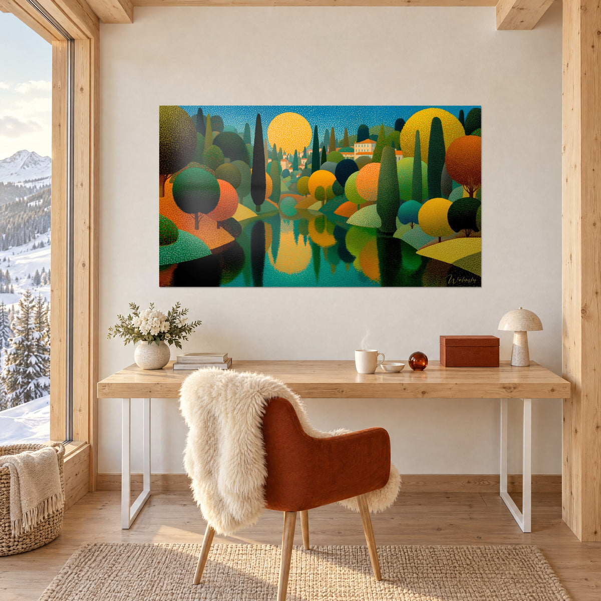 Schilderij rustige rivier met gele en smaragdgroene weerspiegelingen, ronde oranje boomgroepen, boven een wit houten bureau bij het raam