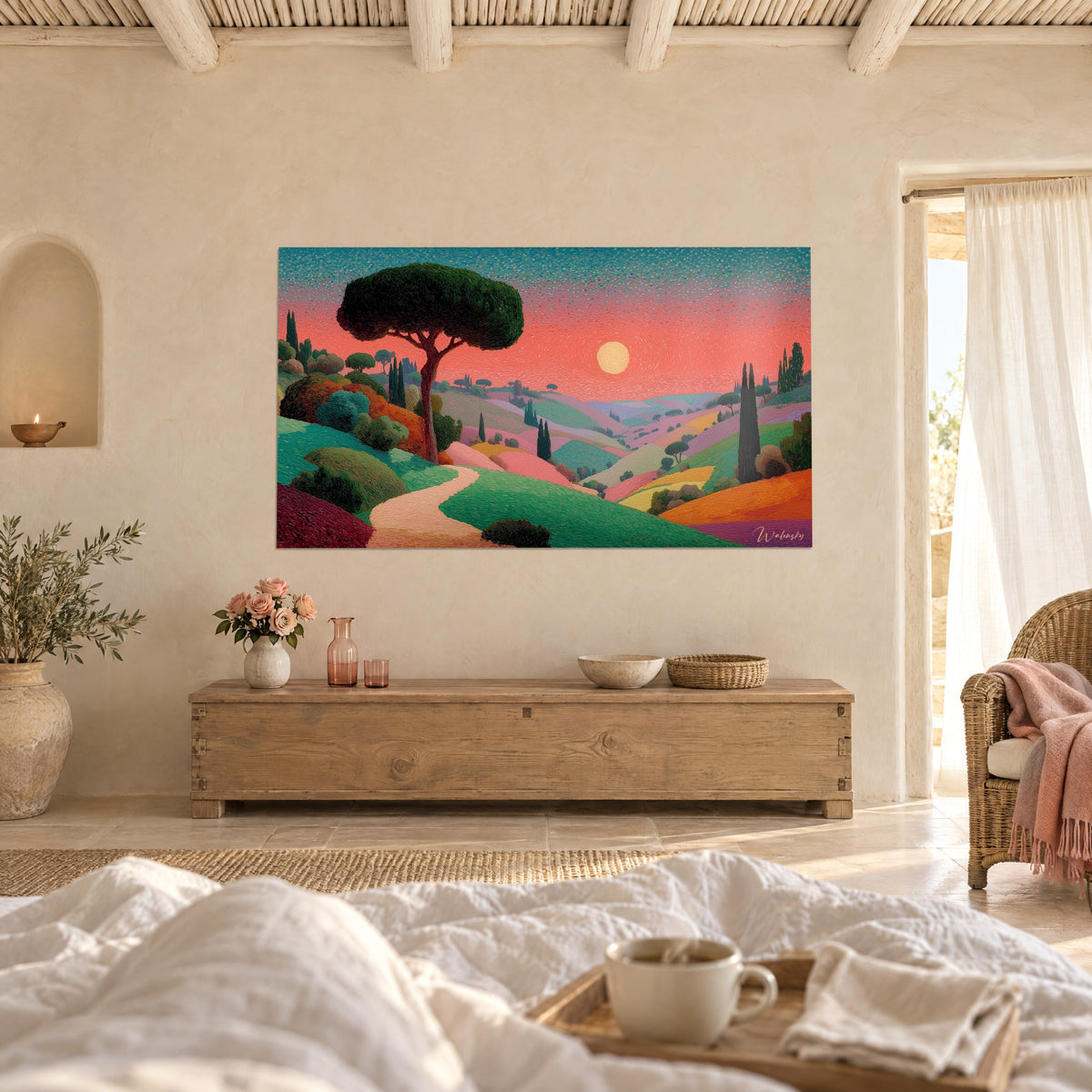Wall art Tuscan dusk, salmon sky speckled with turquoise, cream path winding between green hills, above a bed in a light bedroom