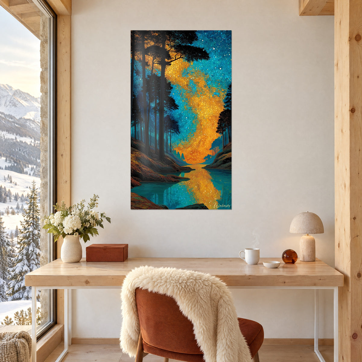 Schilderij nachtelijke open plek met duizenden kleine gouden en turquoise cirkels, opgehangen boven een bureau van licht hout, vaas met witte bloemen