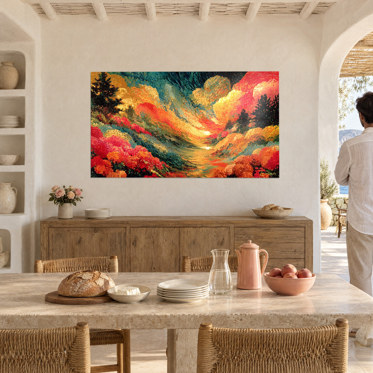 Cuadro río ámbar bajo nubes coral y amarillo limón, puntos de color, pared blanca de un comedor mediterráneo
