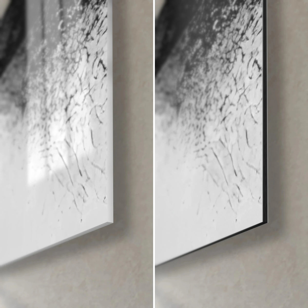 Tableau abstrait en noir et blanc, coin bas droit: verre acrylique brillant à gauche, alu Dibond gris mat et tranche fine