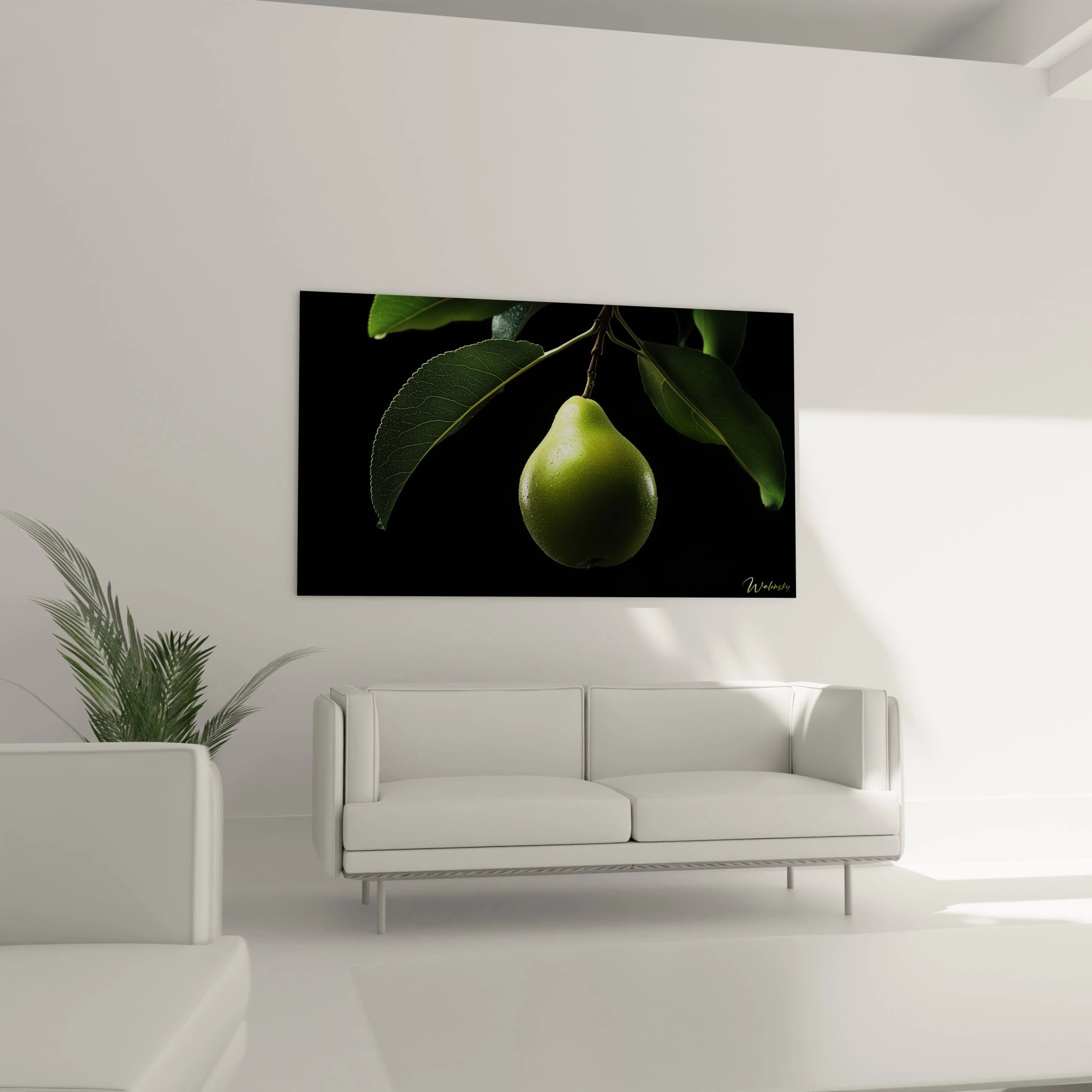 Un tableau poire représentant une poire réaliste avec une surface brillante, des feuilles veinées et des perles de rosée, sur un fond noir contrasté qui renforce la profondeur et la netteté du sujet.