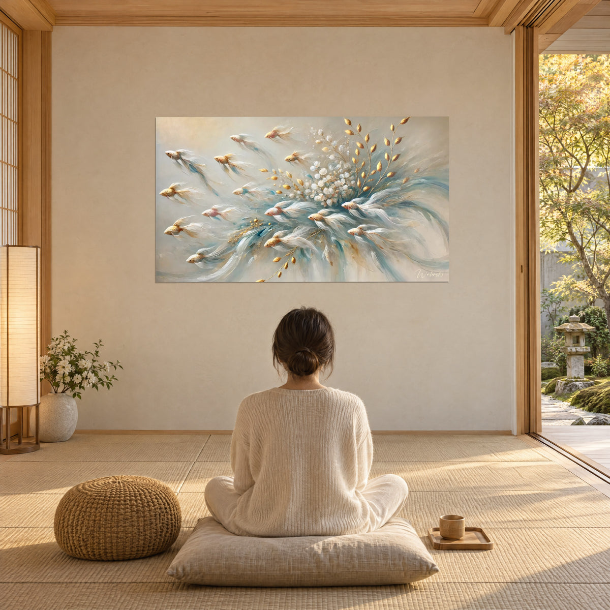 Cuadro peces soñadores en enjambre dorado, remolino de plumas turquesa y blancas, mujer de espaldas sentada en meditación sobre un cojín