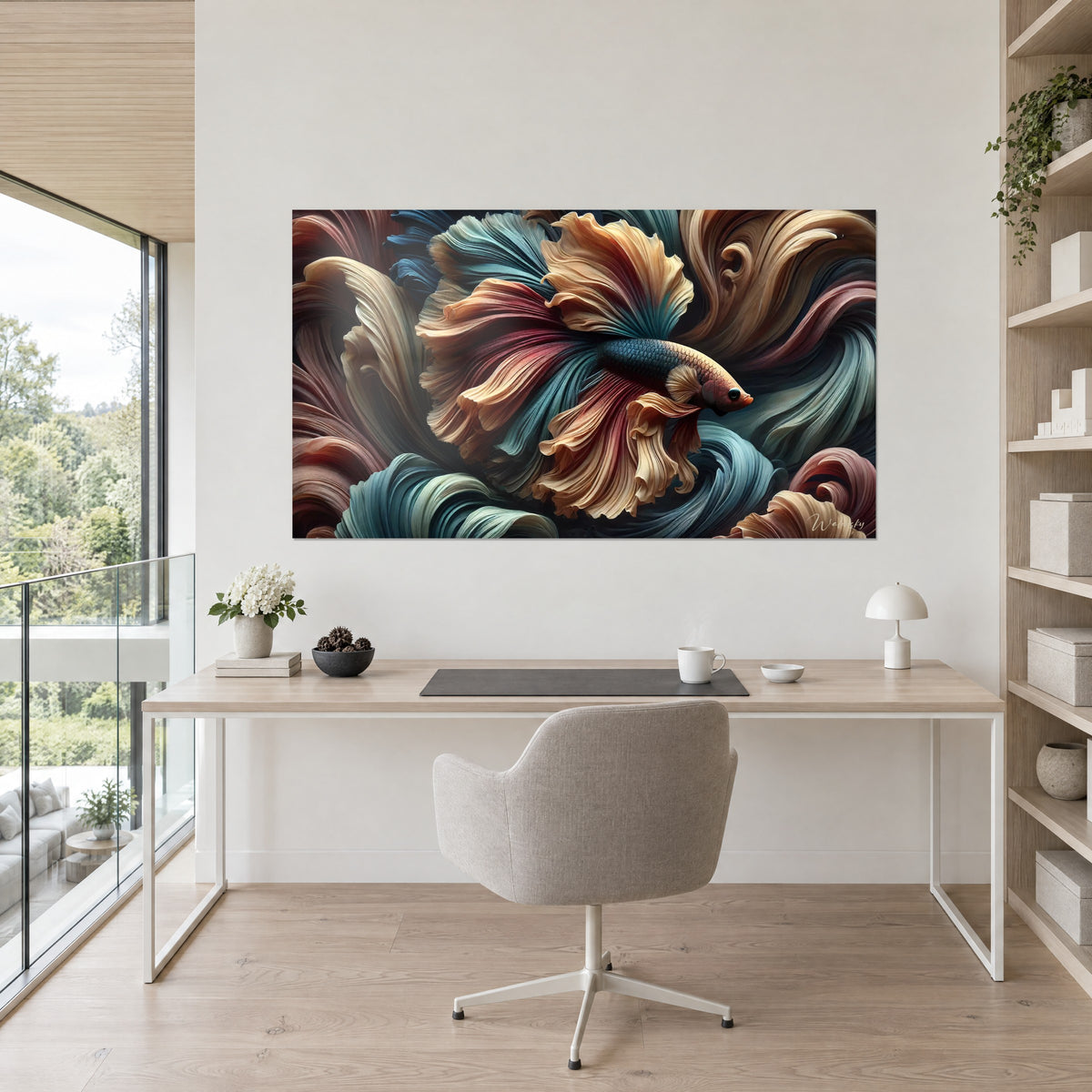 Gemälde mit kaskadenartigen Flossen in Goldbeige und Bordeauxrot, schuppiger nachtblauer Körper, über einem hellen Schreibtisch