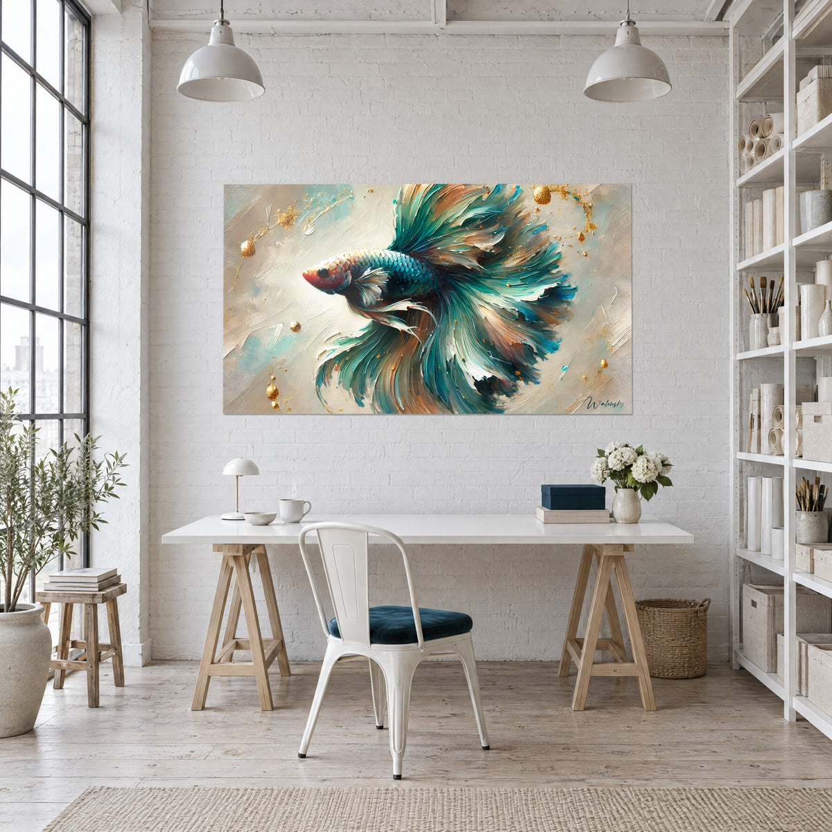 Cuadro de betta pintado en empastes, cola de plumas azul pato y arena, gotas doradas, pared blanca sobre un escritorio de madera clara