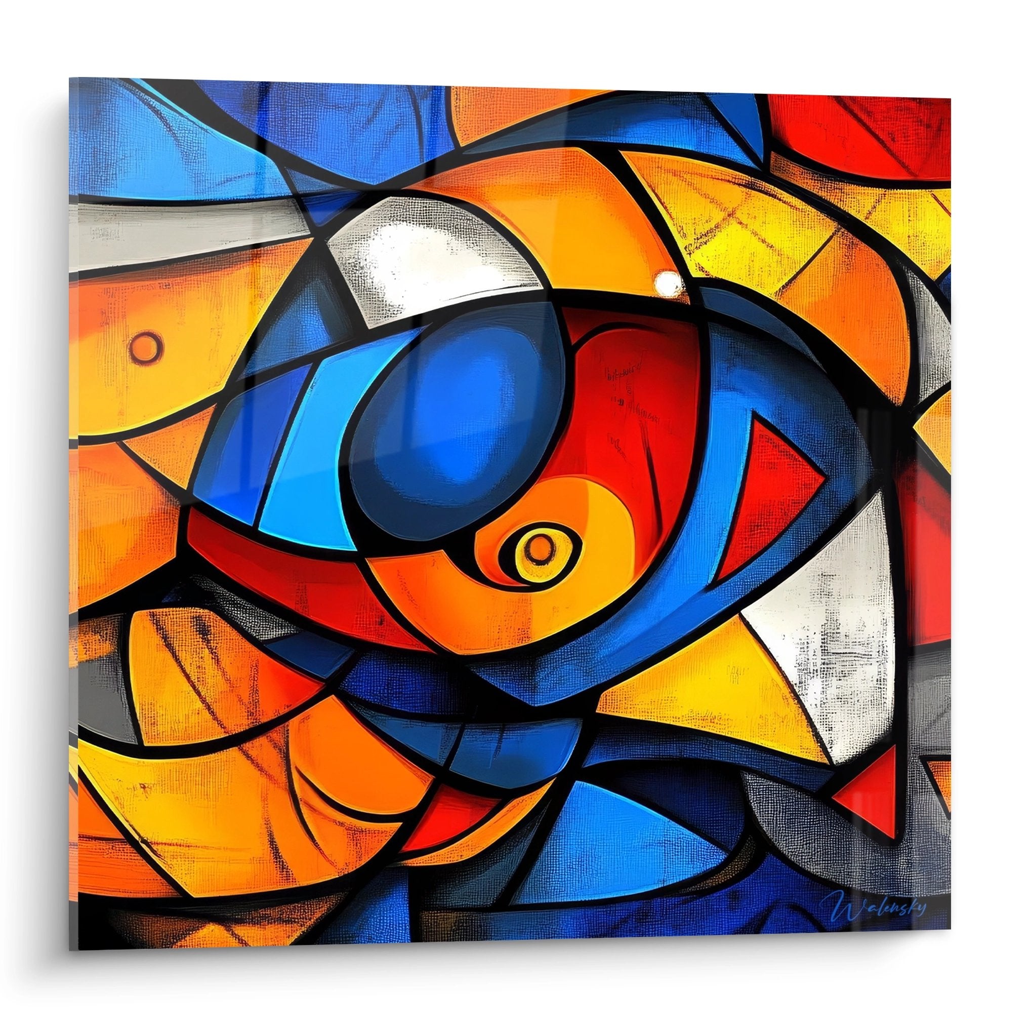 Tableau mural poisson géométrique abstrait aux couleurs vives bleu orange rouge