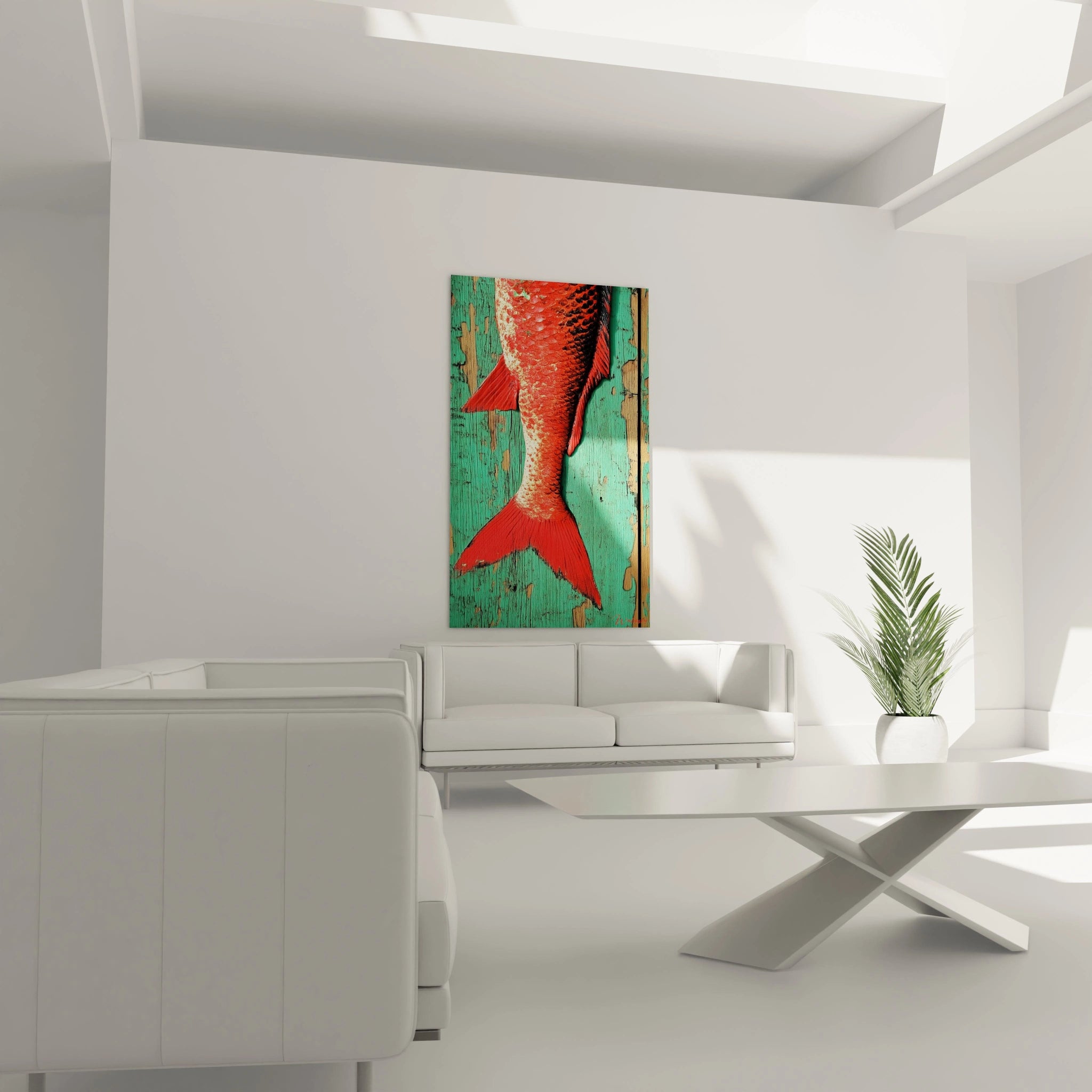Un tableau poisson montrant un poisson rouge détaillé sur un arriÚre-plan en bois patiné vert turquoise, avec des contrastes marqués entre les écailles lisses et la surface vieillie.
