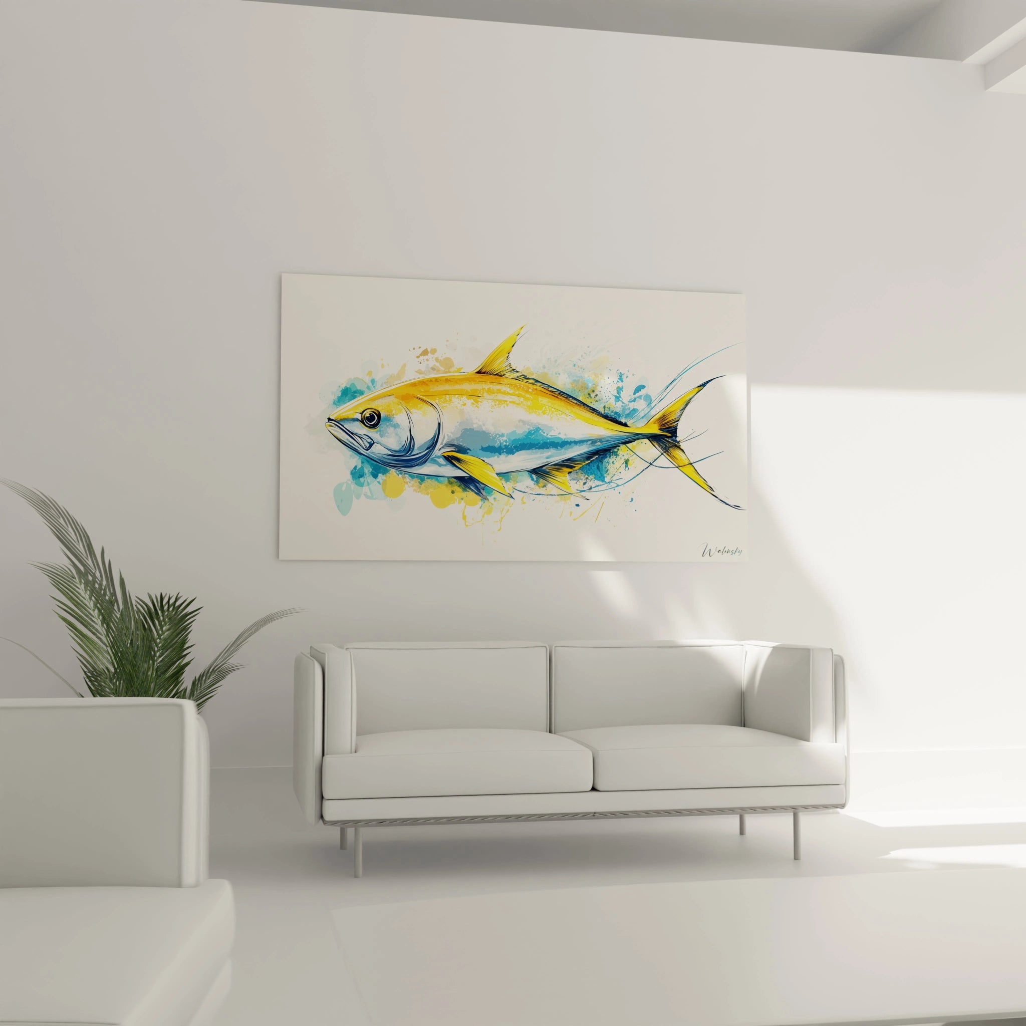 Un tableau poisson mettant en scÚne un poisson aux nuances dorées et bleutées, avec des textures éclatées et des projections de couleur simulant un environnement aquatique.
