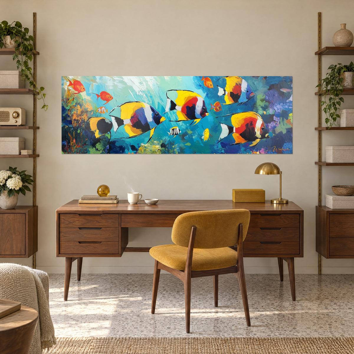 Gemälde Aquarium mit Kaiserfischen in Safran und Indigo, grüne Korallen unten, über einem Holzschreibtisch zwischen Regalen