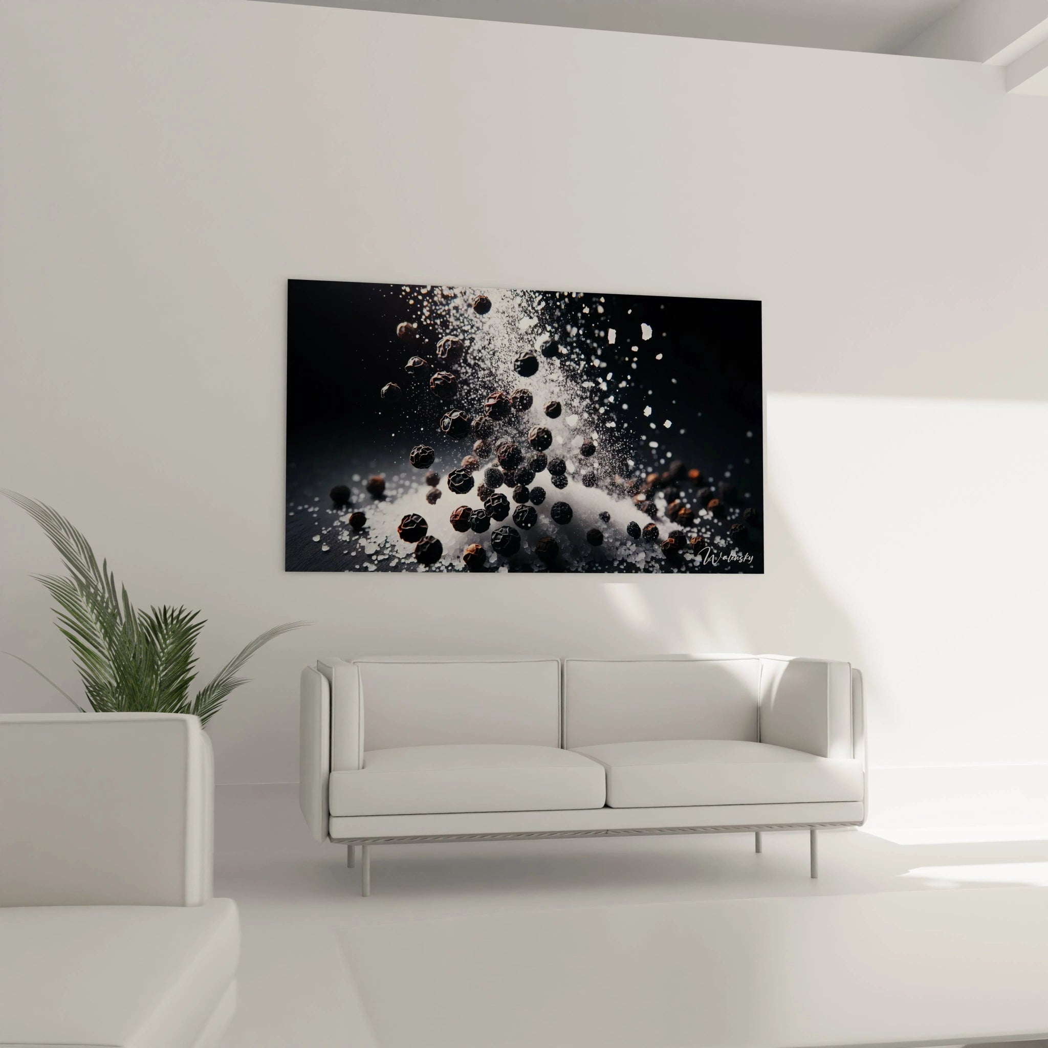 Tableau cuisine en verre acrylique au-dessus d'un canapé dans un salon - Art mural géant et contemporain - Décoration intérieure moderne pour salon - Tableau de grande taille et impression haute définition - Élément décoratif chic pour salon