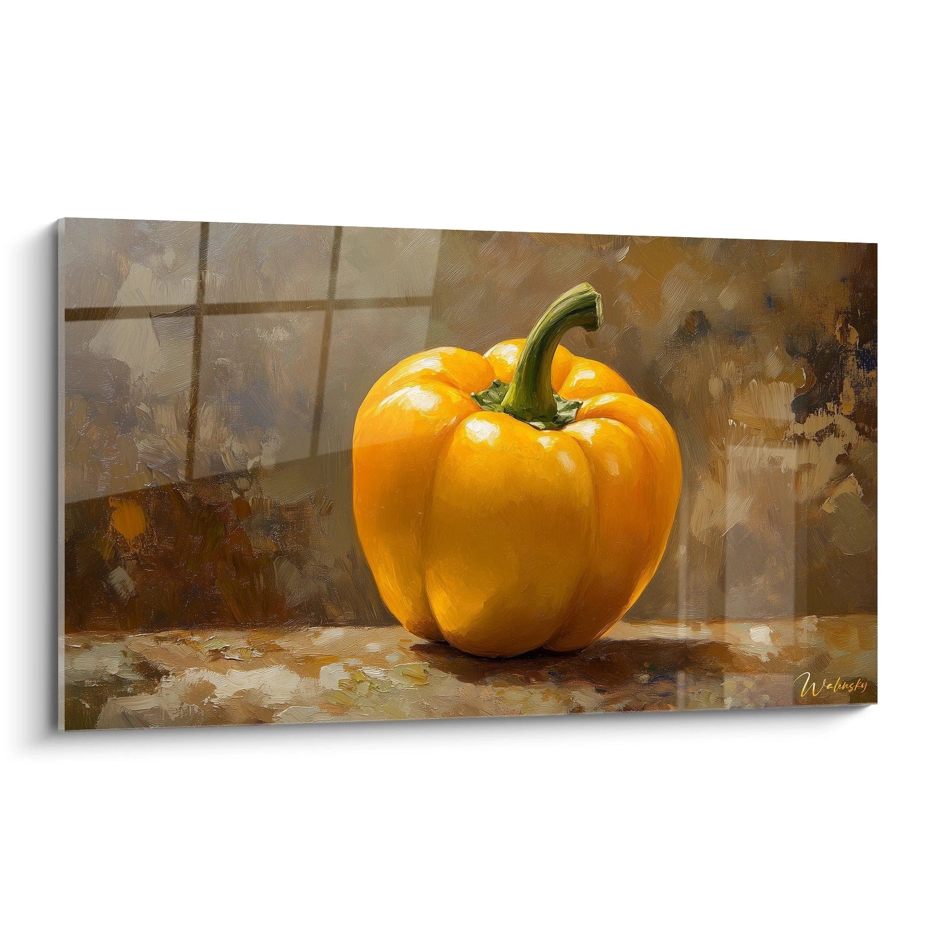 Un tableau poivron représentant un poivron jaune texturé sur un fond marron et beige, avec des effets de pinceau visibles et des nuances de vert sur la tige.