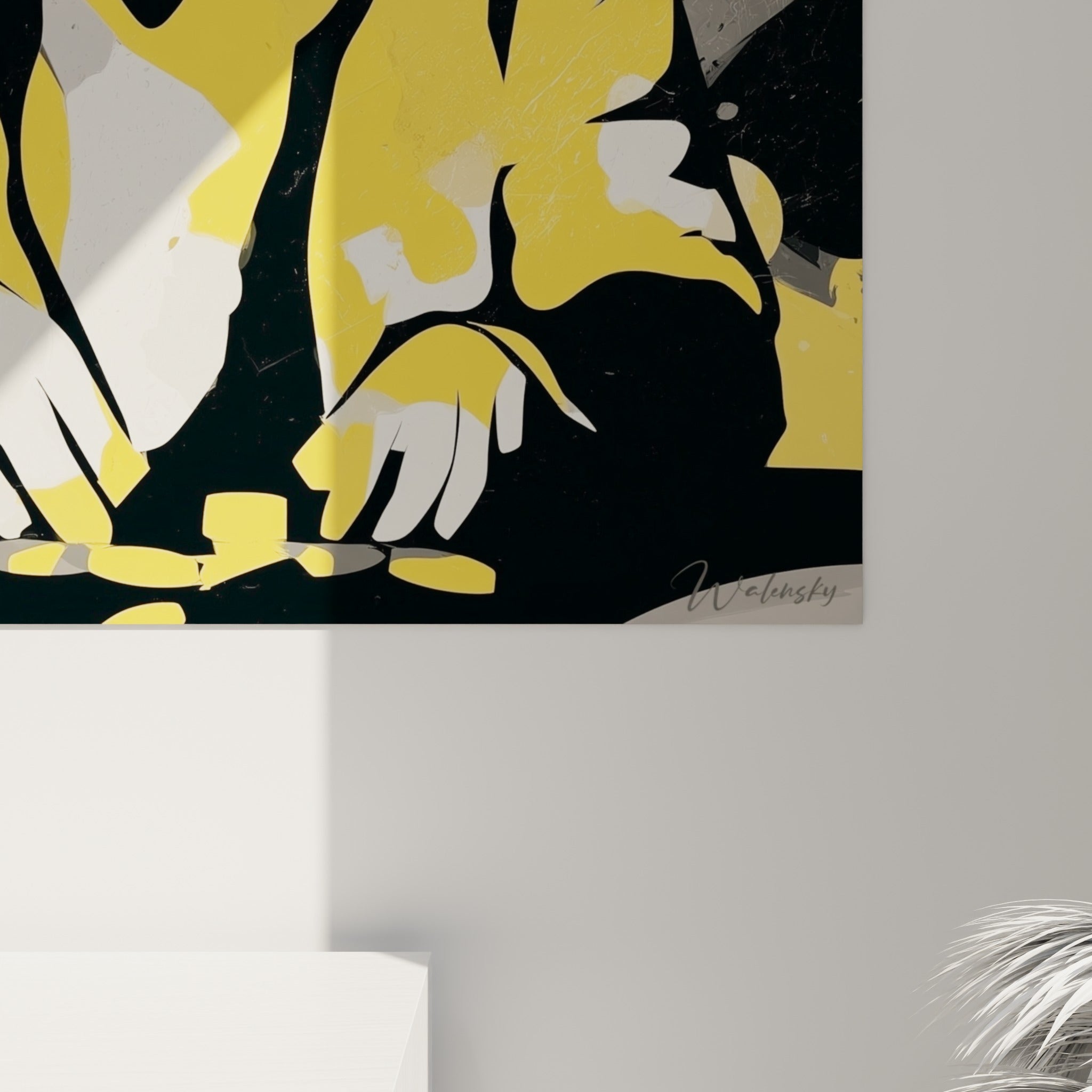 Empâtements noirs et jaunes visibles de près sur ce tableau poker aux éclaboussures graphiques