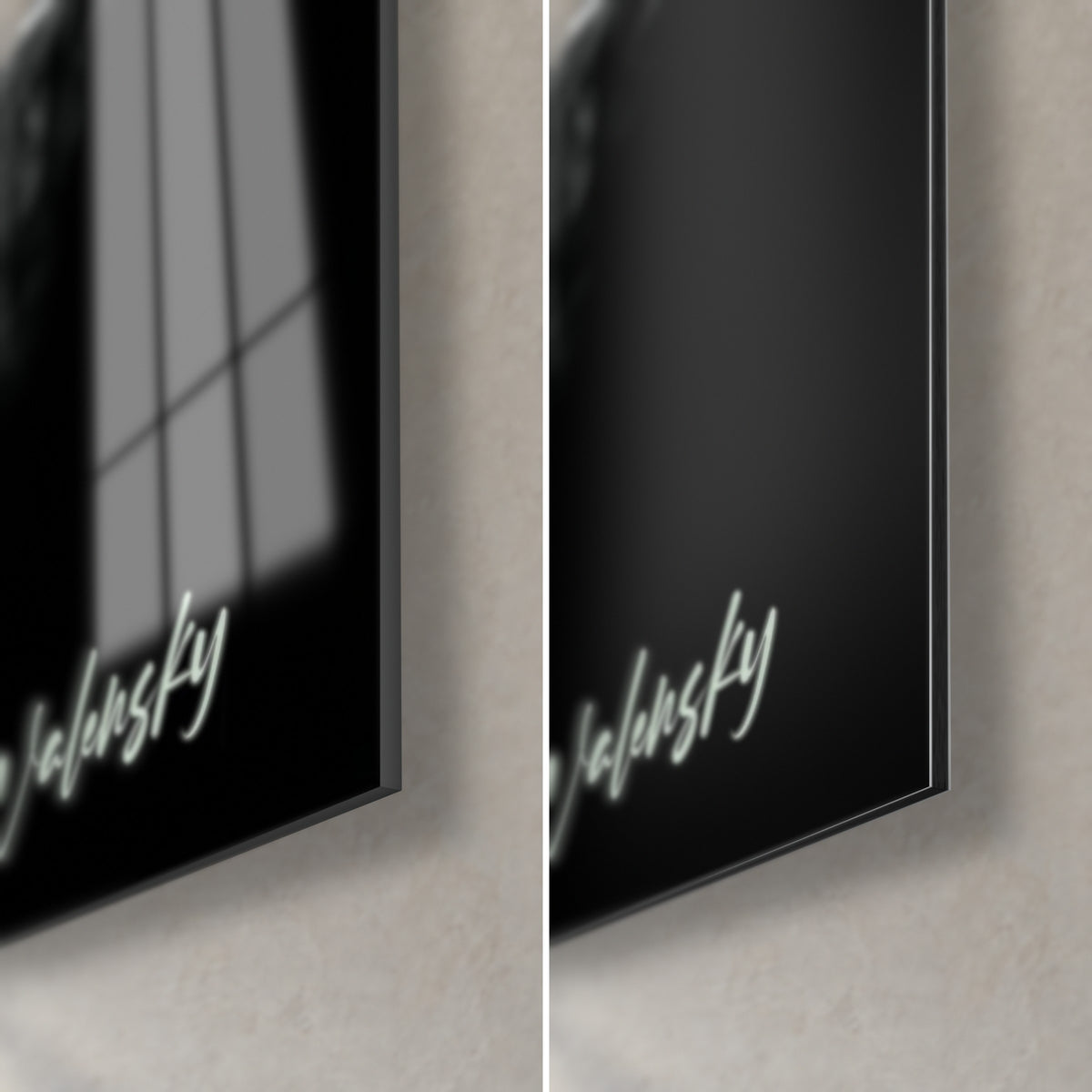Wall art cheats around a table, bottom right corner: glossy black acrylic glass with reflections, matte grey Dibond aluminium, slim edge