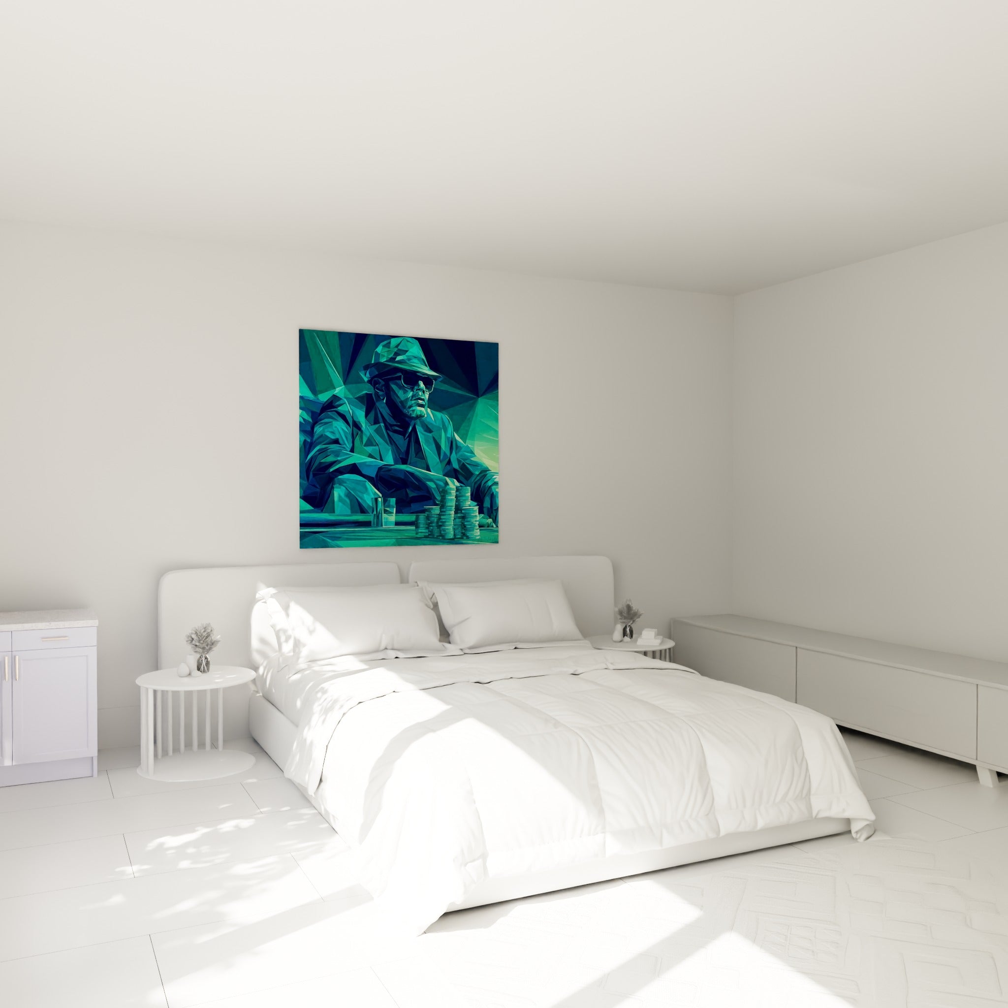 Personnage énigmatique en turquoise et vert émeraude, tableau poker au-dessus d'un lit dans une chambre claire