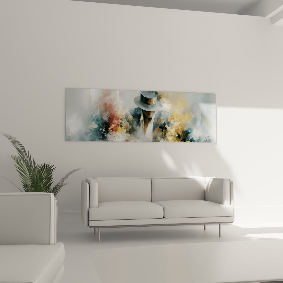 Portrait pictural doré et anthracite d'un joueur au chapeau, au-dessus d'un canapé dans un salon lumineux