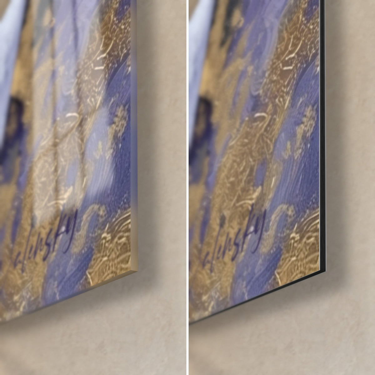 Wall art with violet and gold ace of spades, bottom right corner: glossy acrylic glass with reflections on the left, matte black Dibond on the right