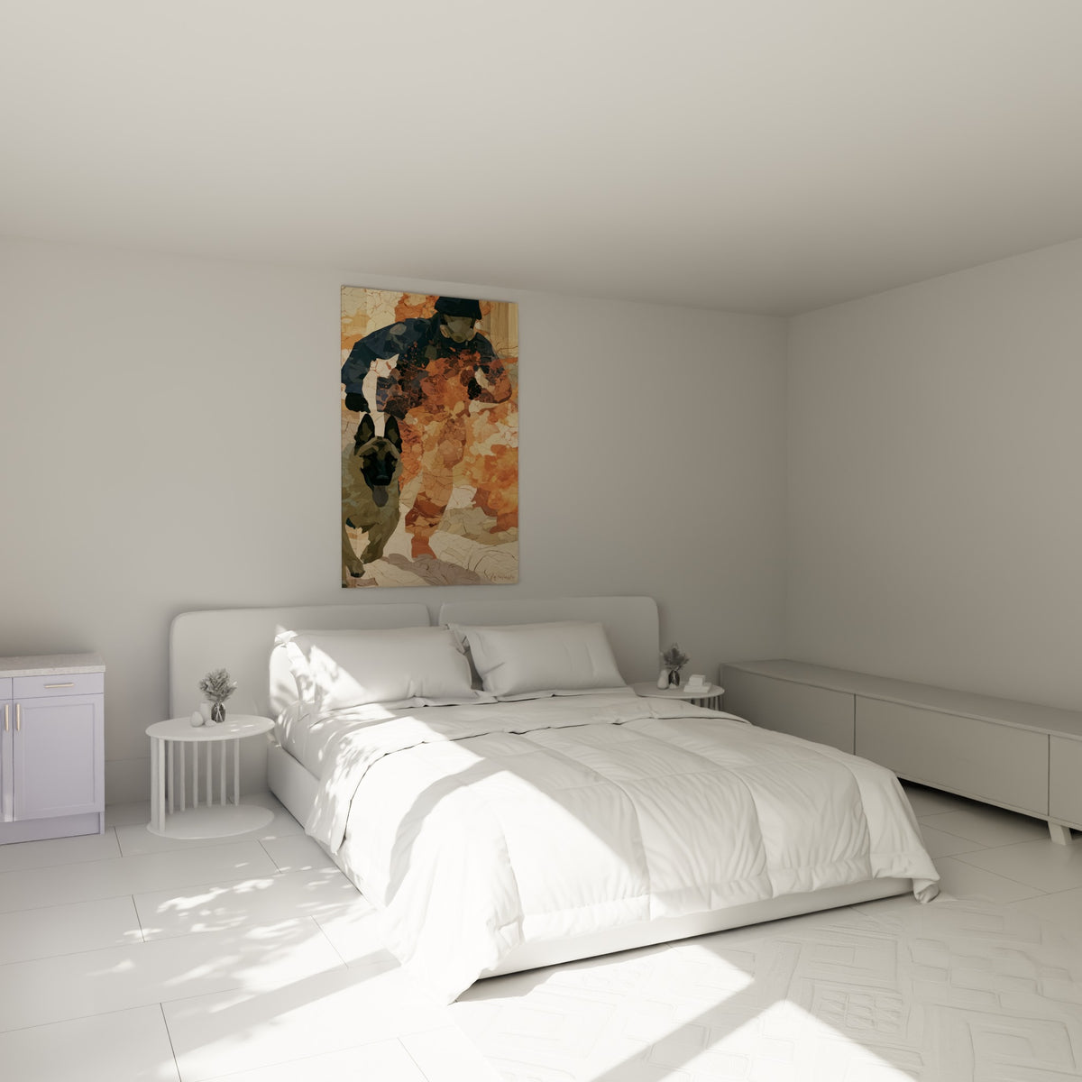 Agent et chien policier aux tons terracotta et bleu accrochés au-dessus d'un lit dans une chambre claire