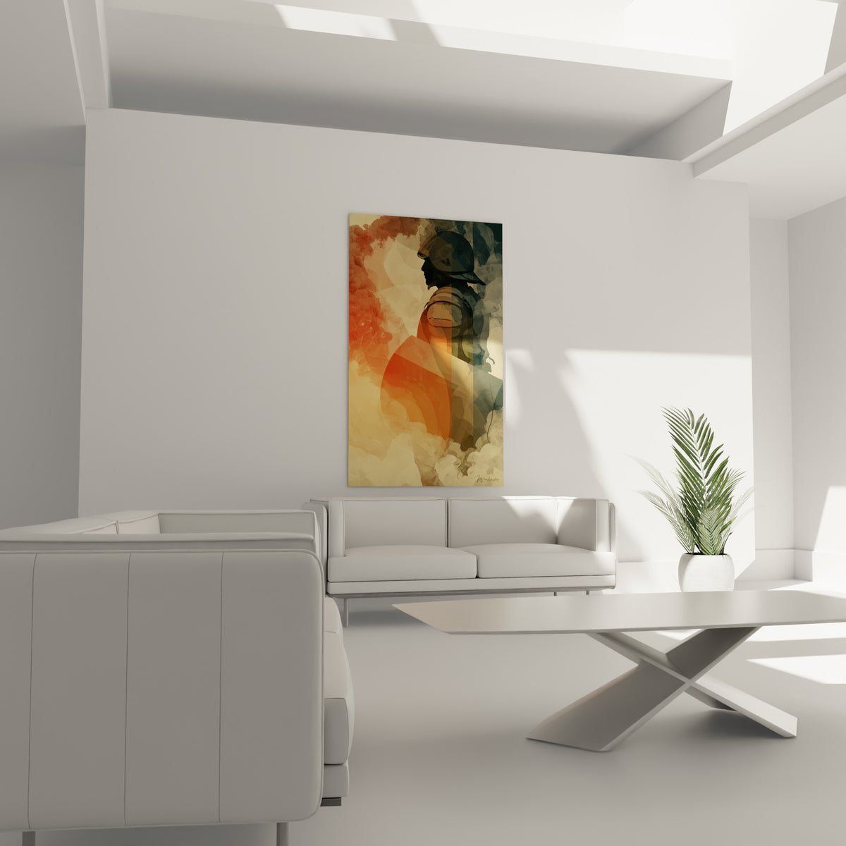 Figure casquée Police enveloppée de fumées orange, au-dessus d'un canapé dans un salon lumineux