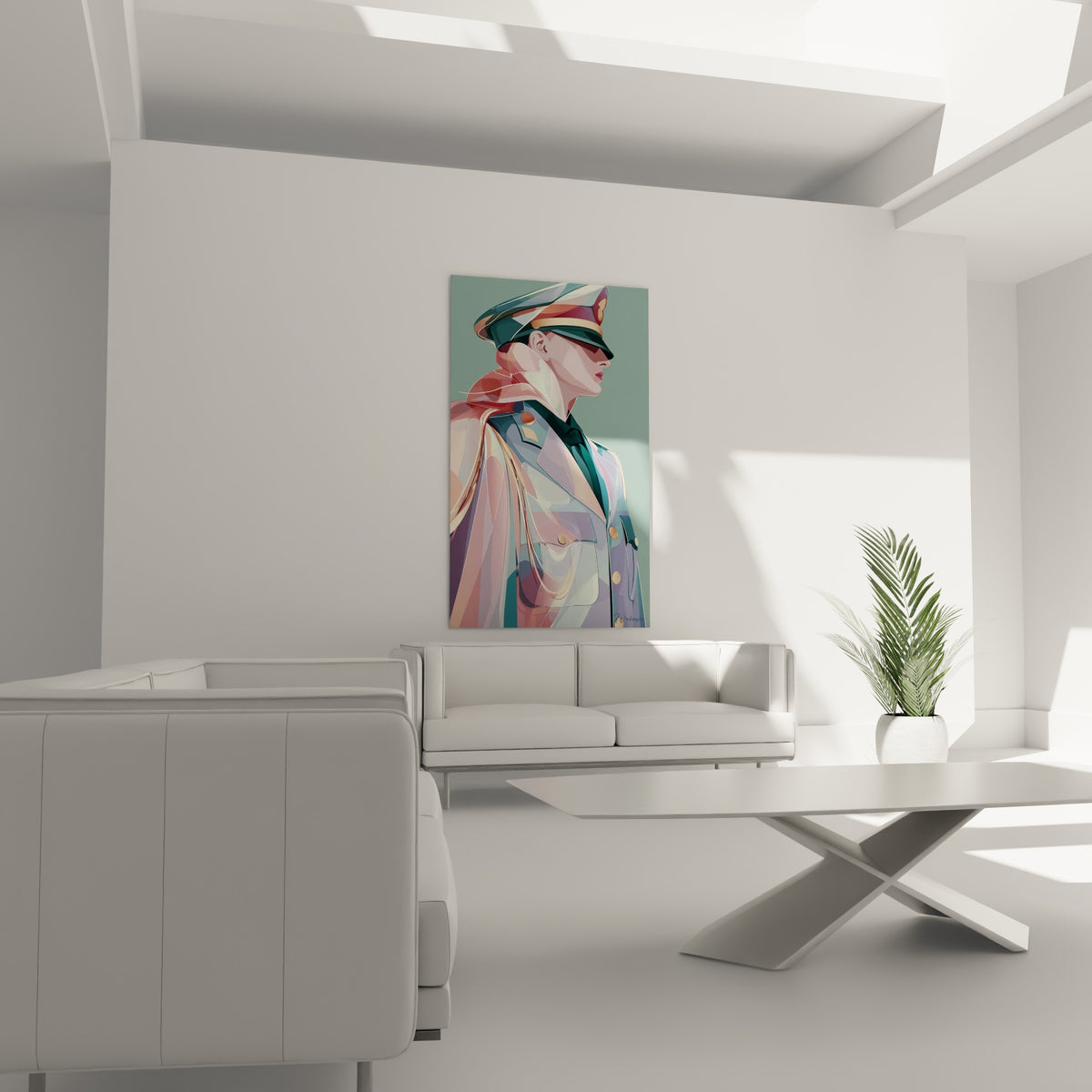 Officier casquette dorée et col vert profond, accroché au-dessus d'un canapé dans un salon lumineux