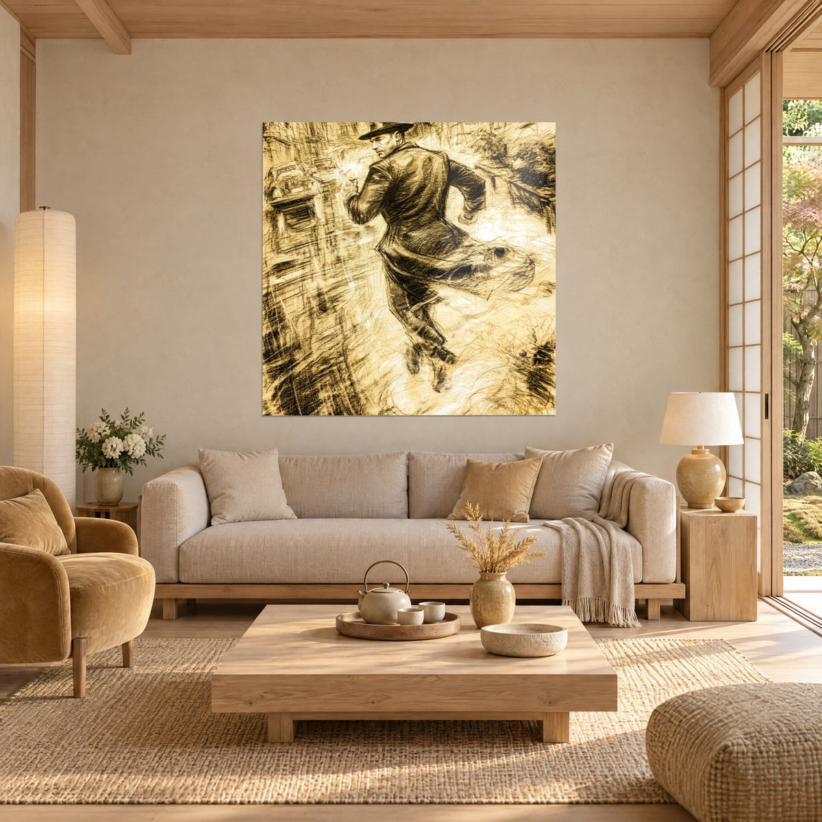 Tableau détective en course, chapeau noir et manteau flottant, fusain sépia et ocre doré, au-dessus d'un canapé dans un salon lumineux