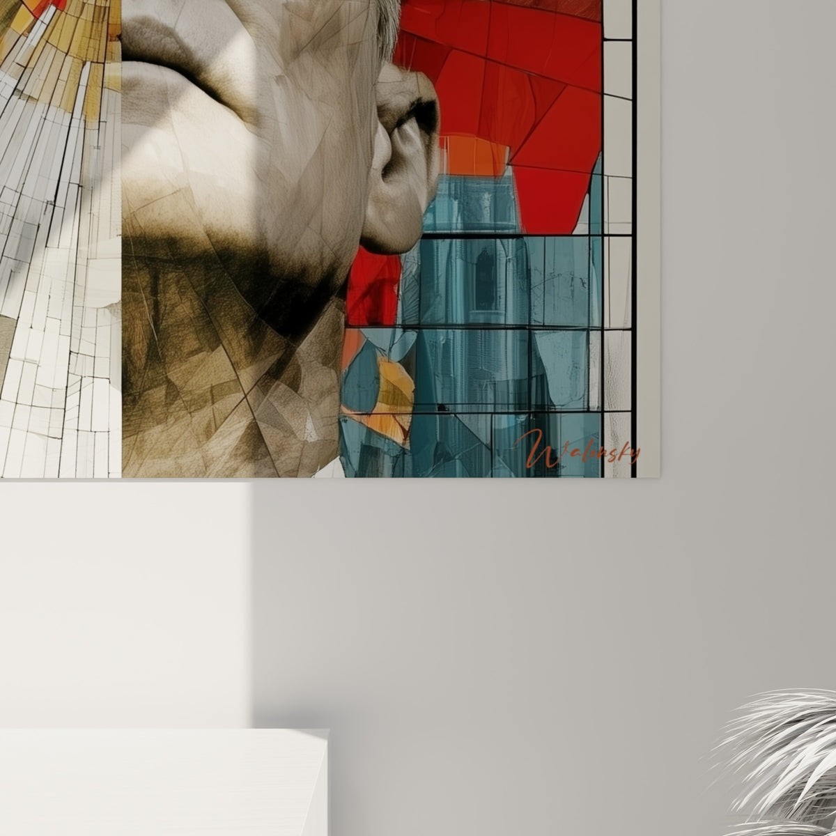 Détail des éclats géométriques rouge, bleu pétrole et gris sur l'impression du portrait policier