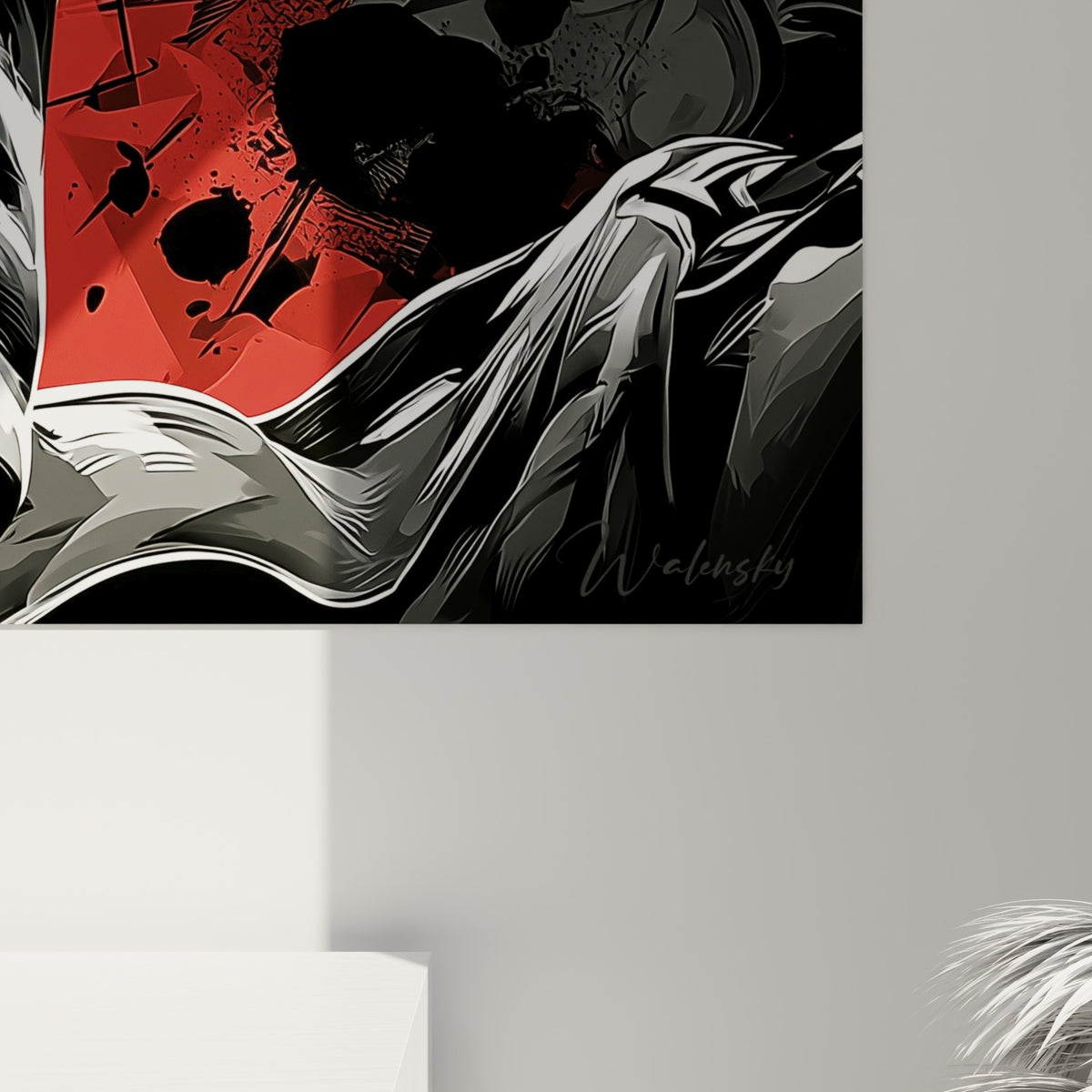 Empâtements graphiques noir et rouge se mêlant sur la toile, traits nerveux et grain visible de l'impression