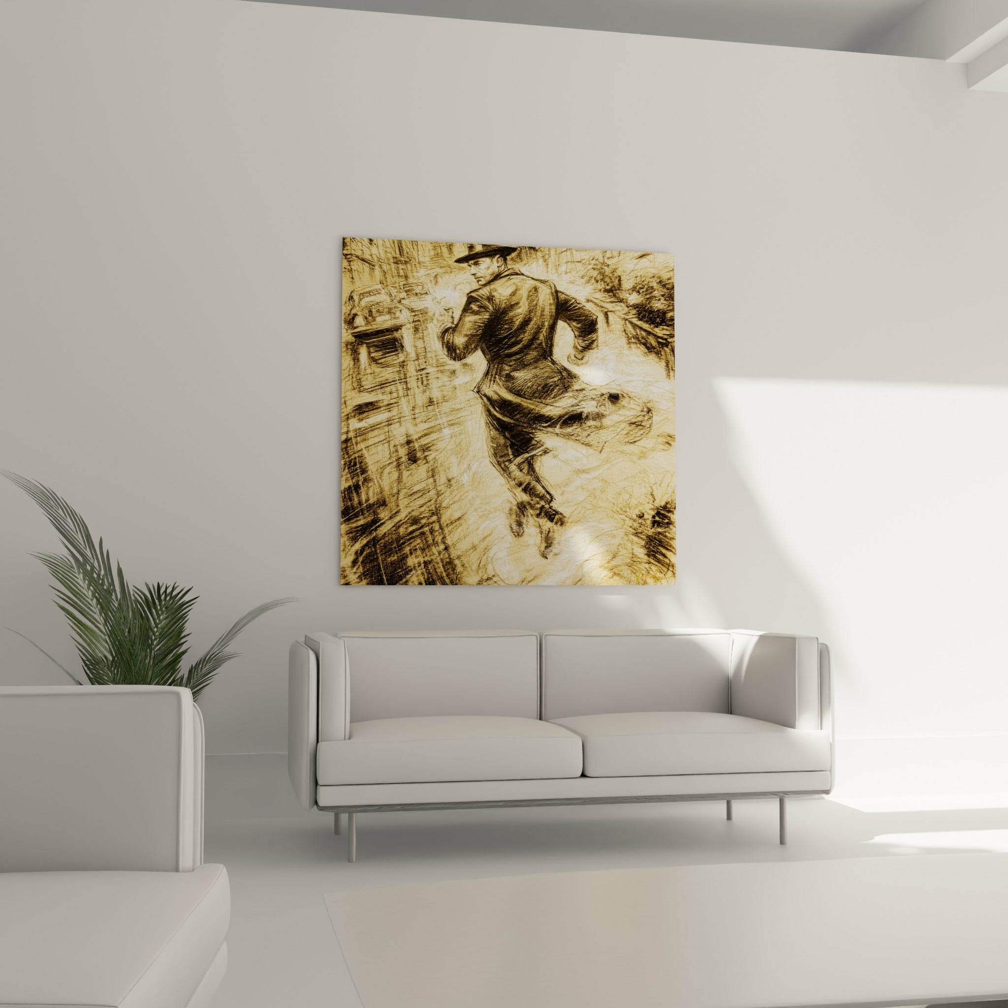 Personnage en fuite, manteau sombre et fond doré, positionné au-dessus d'un canapé dans un salon lumineux
