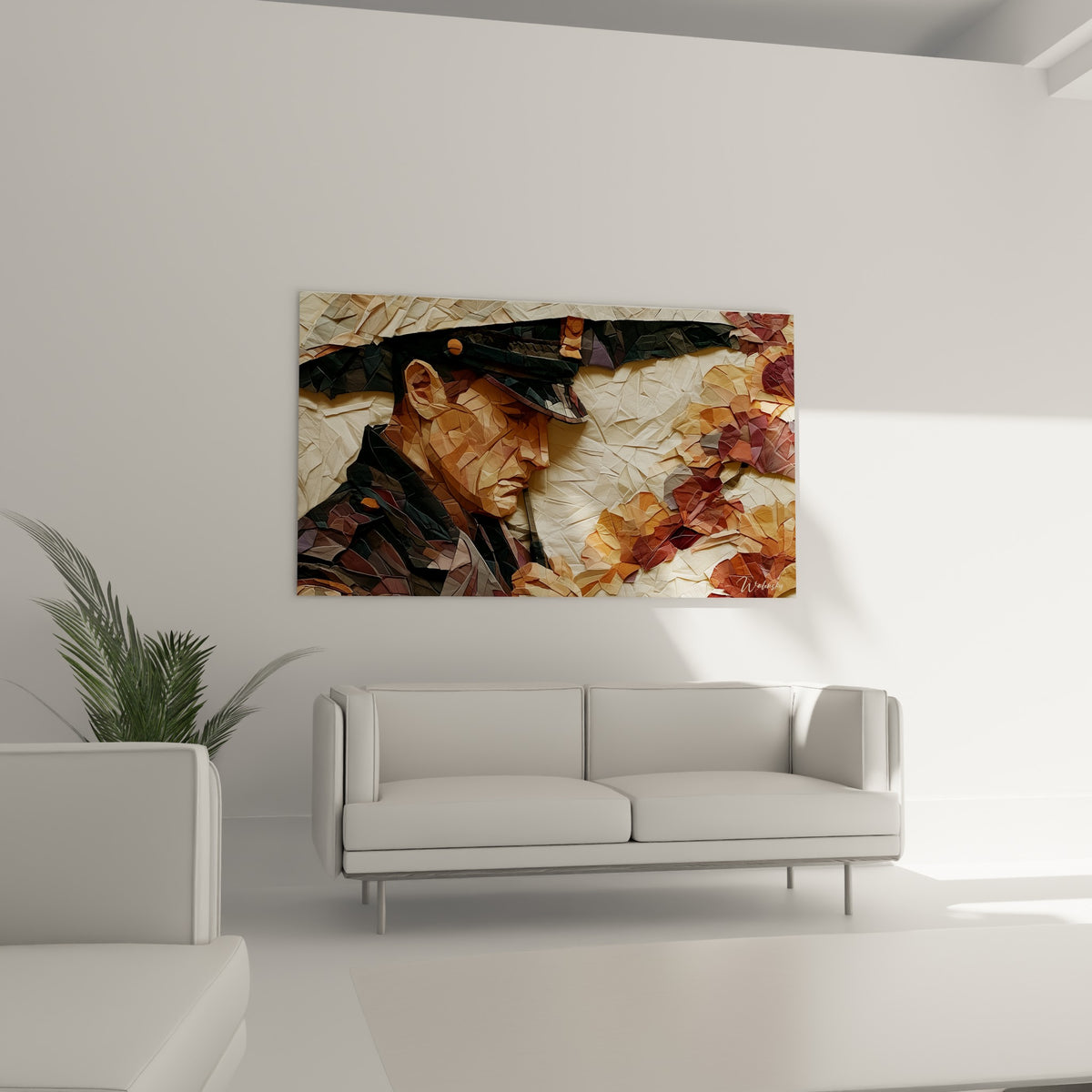 Portrait Police en mosaïque terracotta et anthracite disposé au-dessus d'un canapé dans un salon lumineux