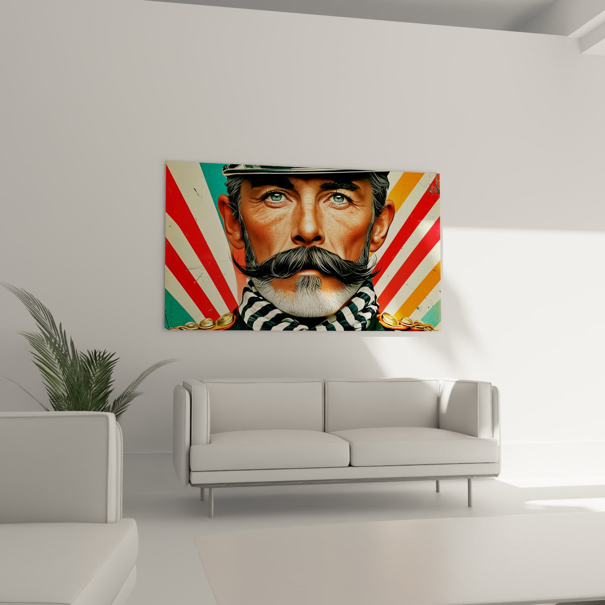Portrait d'officier casquette sombre et épaulettes dorées, placé au-dessus d'un canapé dans un salon lumineux