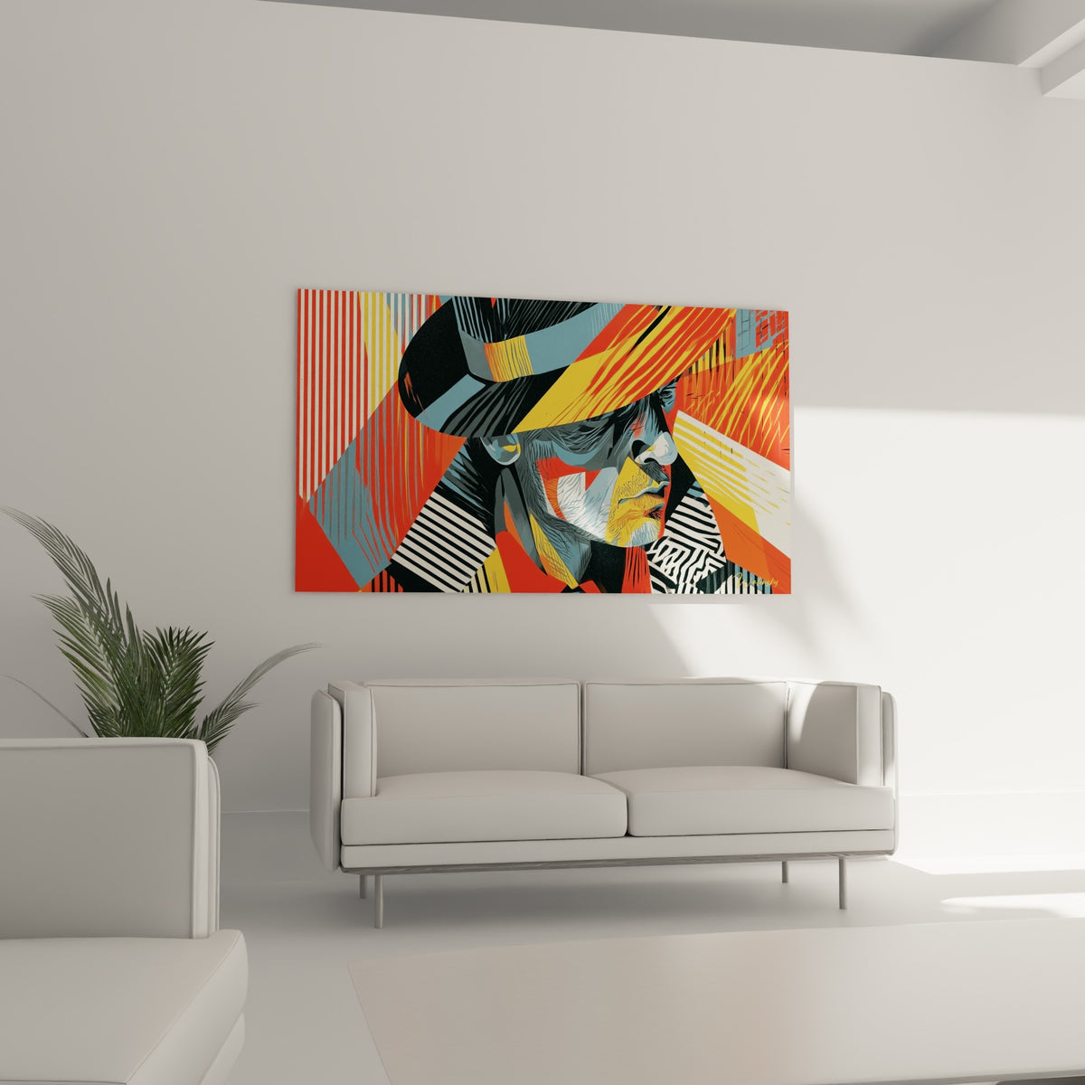 Homme au chapeau coloré, traits graphiques jaunes et bleus, au-dessus d'un canapé dans un salon lumineux