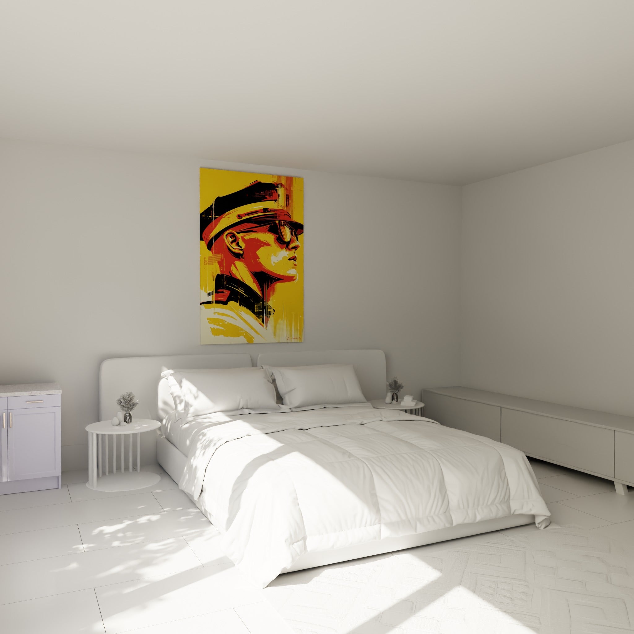 Silhouette policière jaune et noire au-dessus d'un lit dans une chambre claire et lumineuse