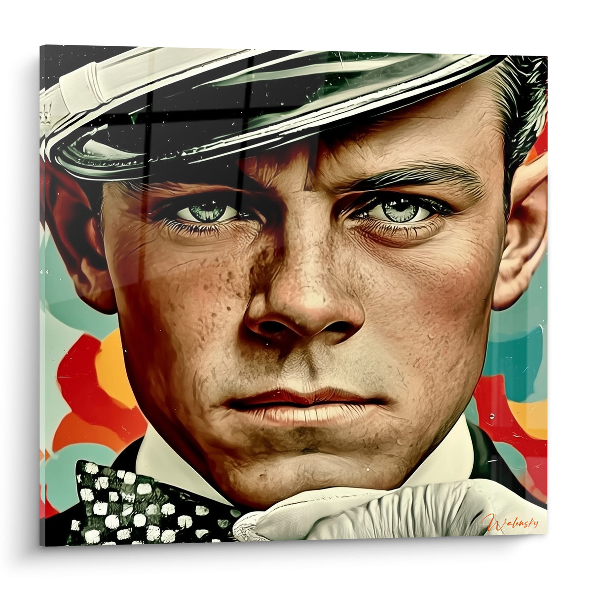 Portrait Police au regard bleu-gris perçant, fond corail et turquoise, casquette blanche