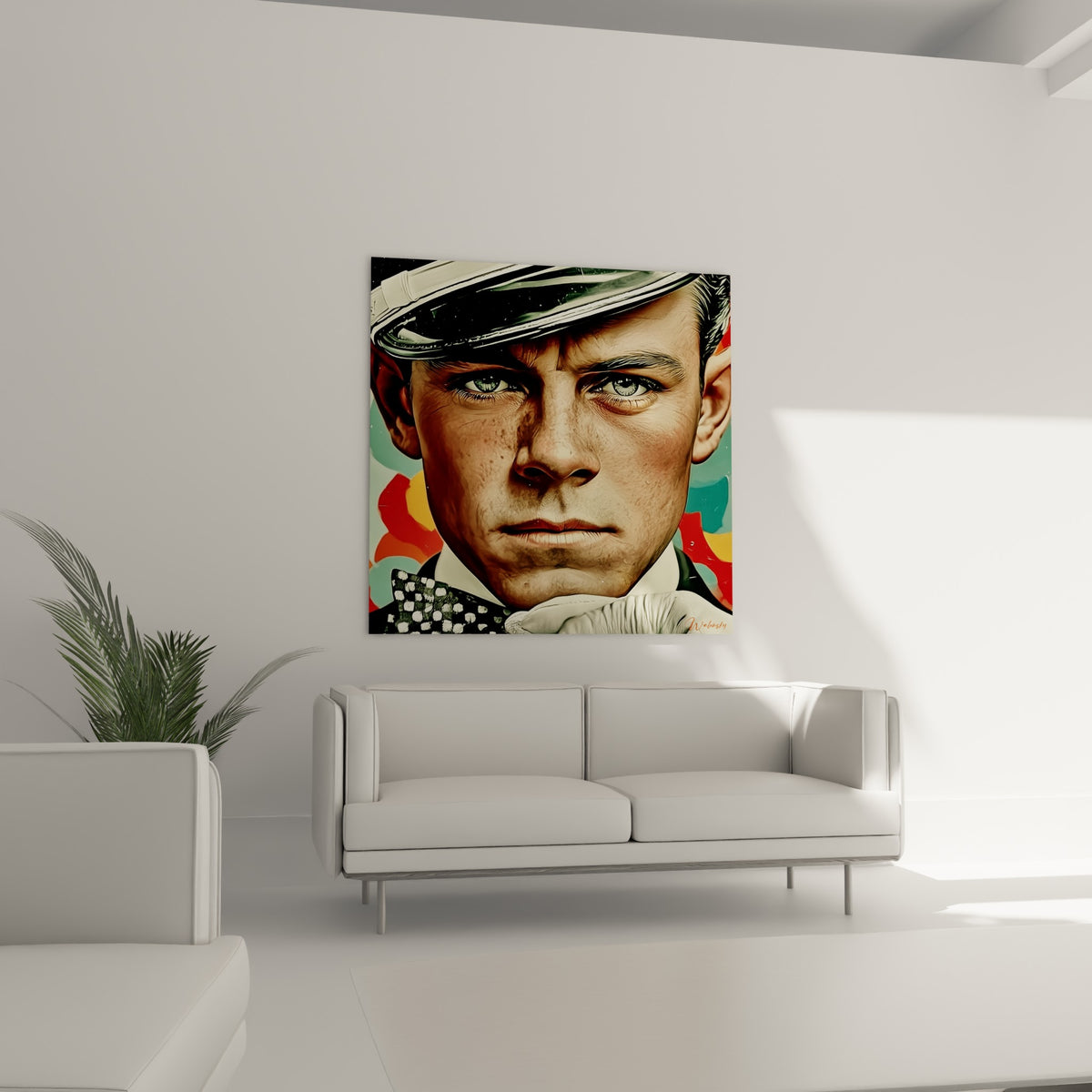 Regard fixe et casquette blanche du portrait Police au-dessus d'un canapé dans un salon lumineux