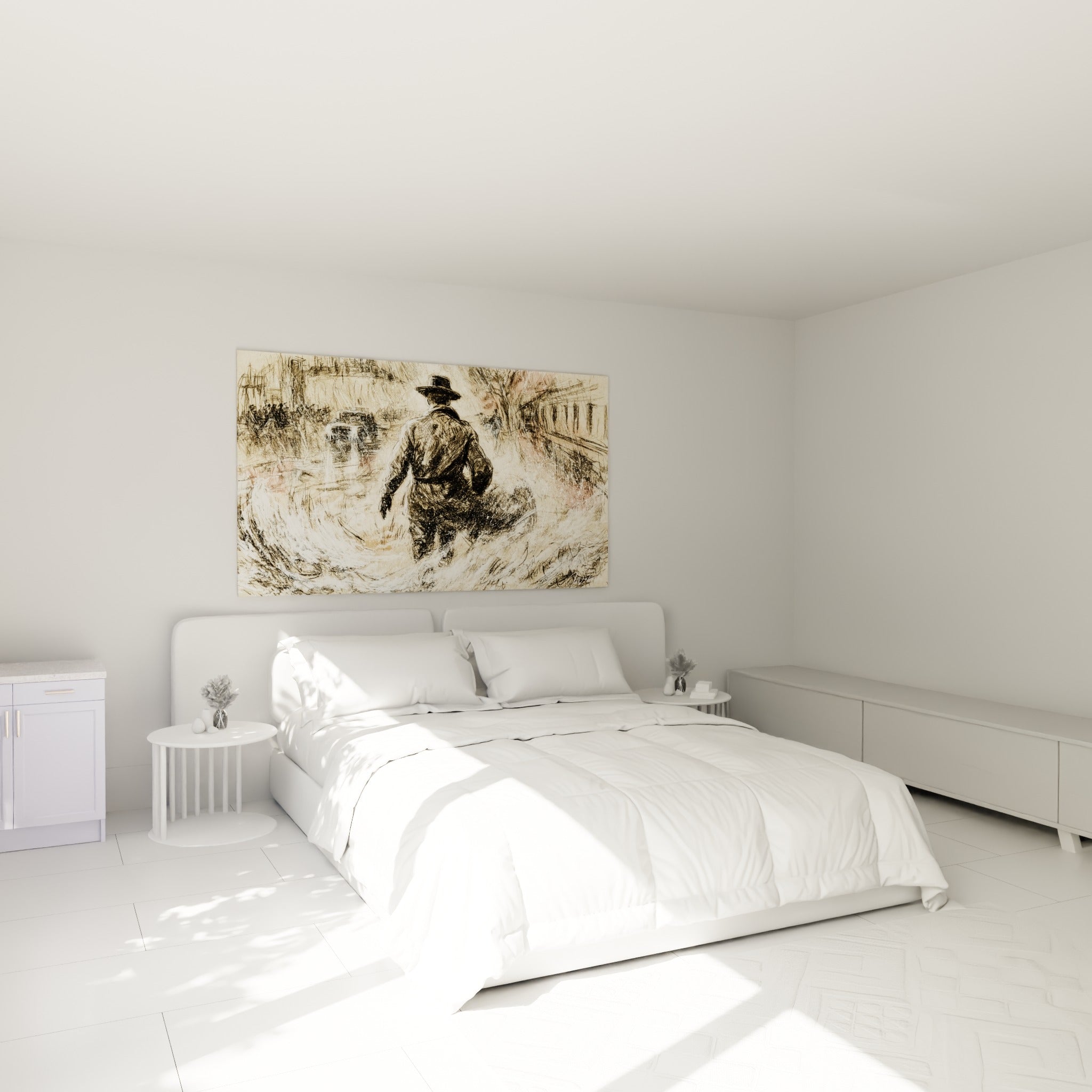 Silhouette sombre en chapeau traversant une rue sépia et rose pâle, accrochée au-dessus d'un lit dans une chambre claire