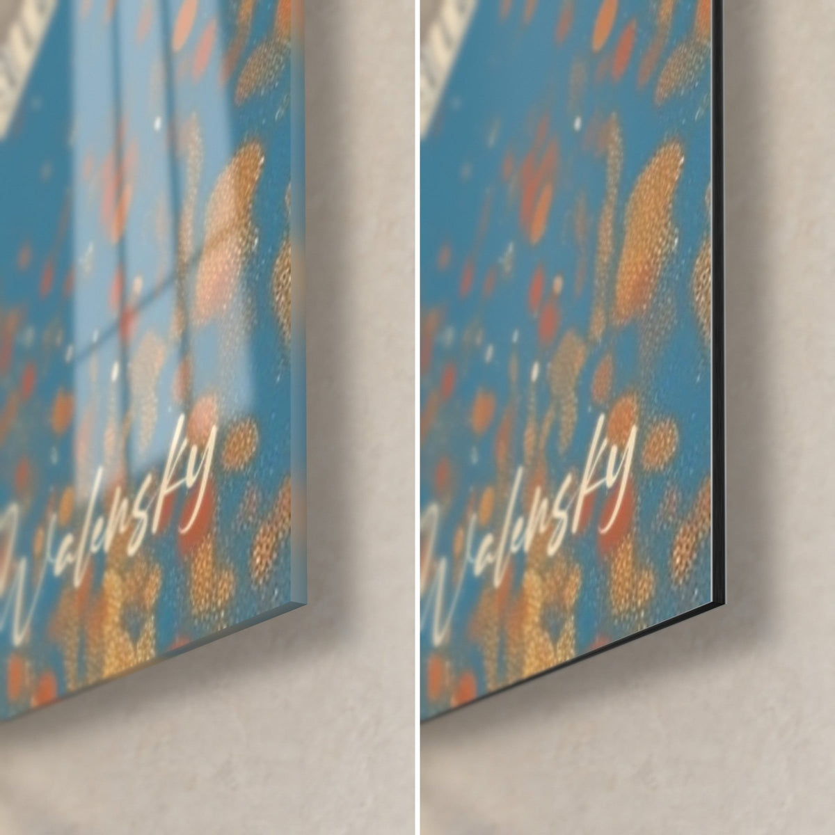 Quadro di un ufficiale con elmetto su sfondo blu, firma dorata Walensky in basso a destra, vetro lucido a sinistra, Dibond opaco a destra